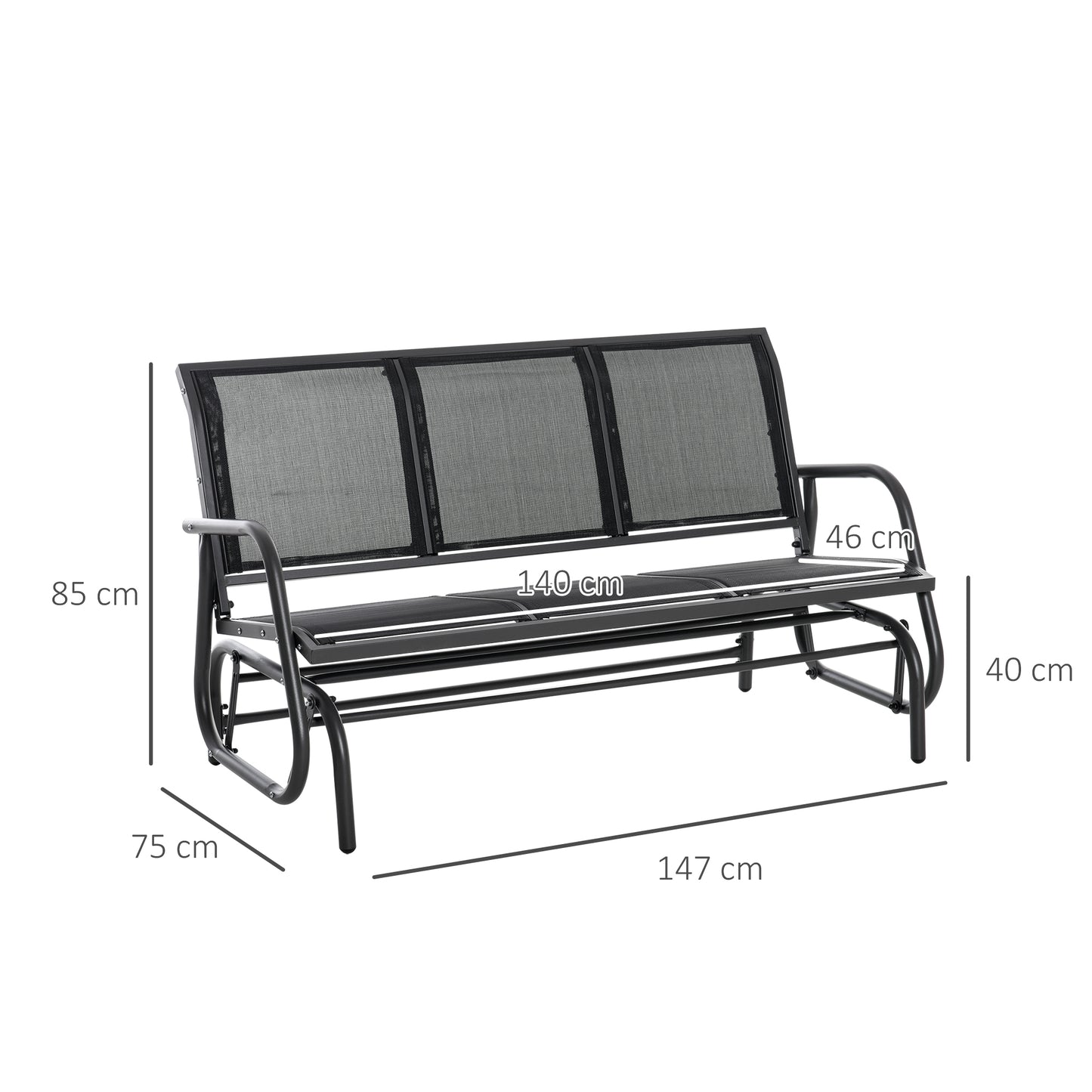 Outsunny 3-osobowy bujany fotel bujany dla 3 osób, ławka ogrodowa, meble ogrodowe, metalowa rama, czarny