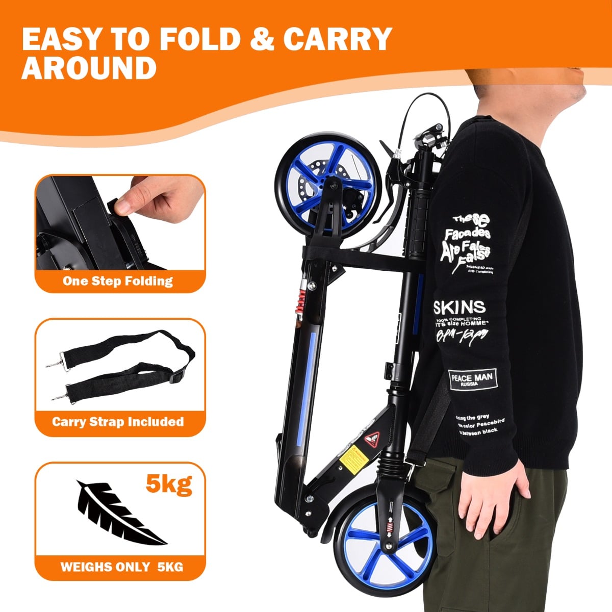 Kick Scooter with Adjustable Handlebar and Anti-Shocking Suspension-Blue