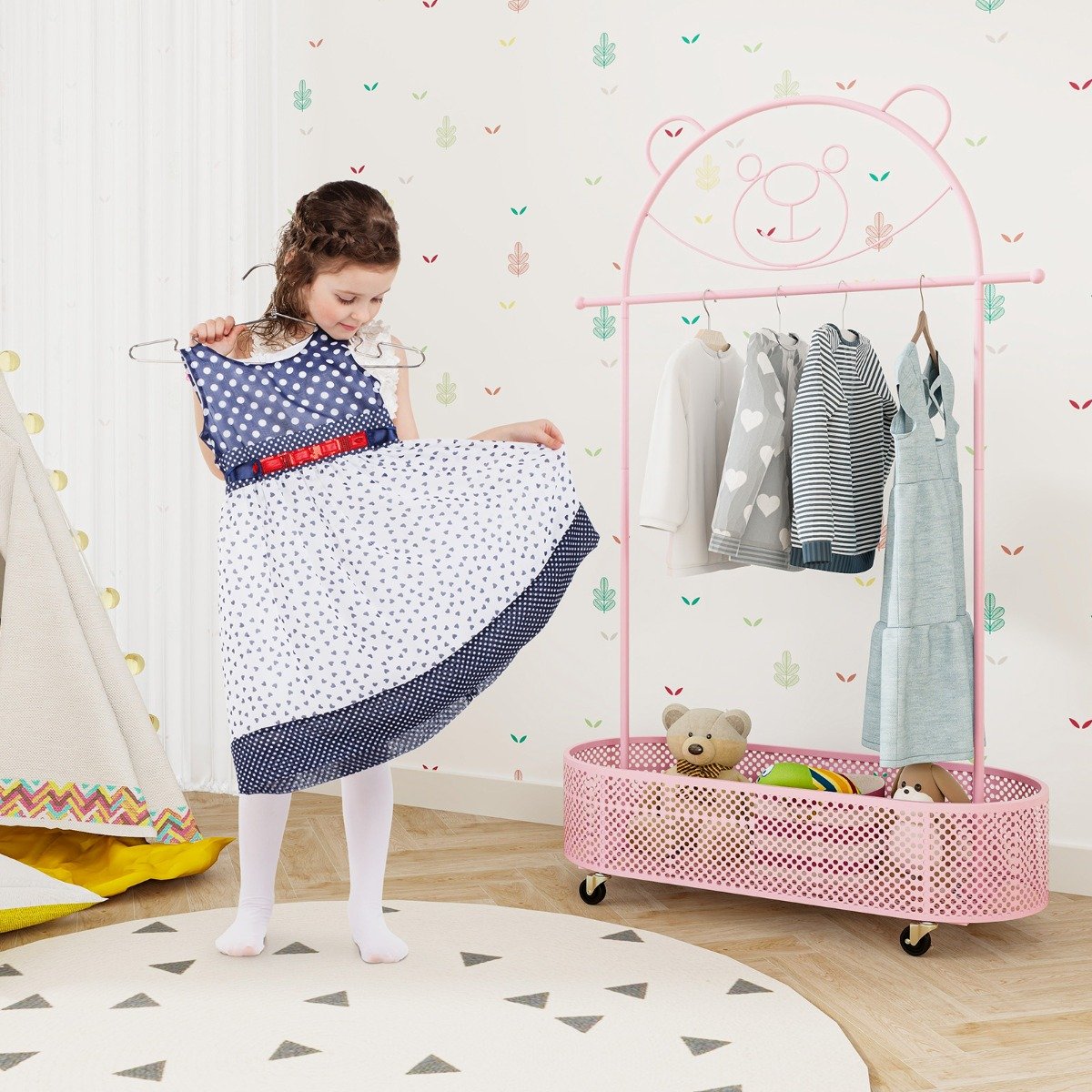 Kid Clothes Rack with 3 Adjustable Heights for Children Adults-Pink