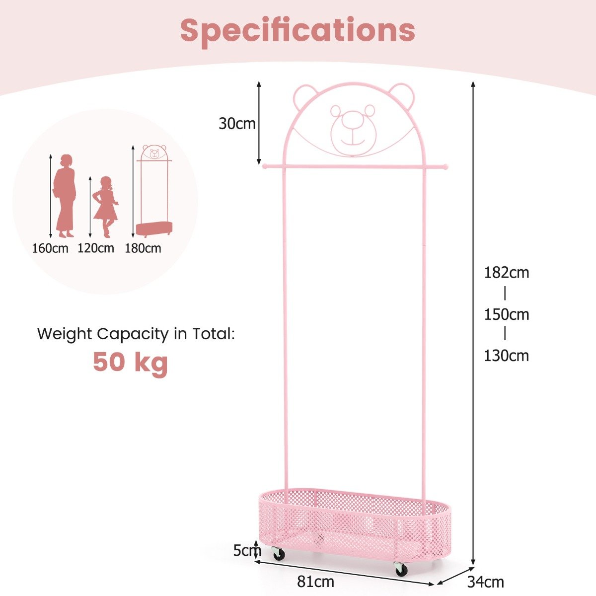 Kid Clothes Rack with 3 Adjustable Heights for Children Adults-Pink