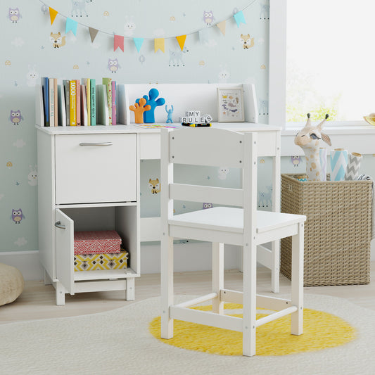 Kid's Study Desk and Chair Set with Deep Drawer and Enclosed Cabinets-White
