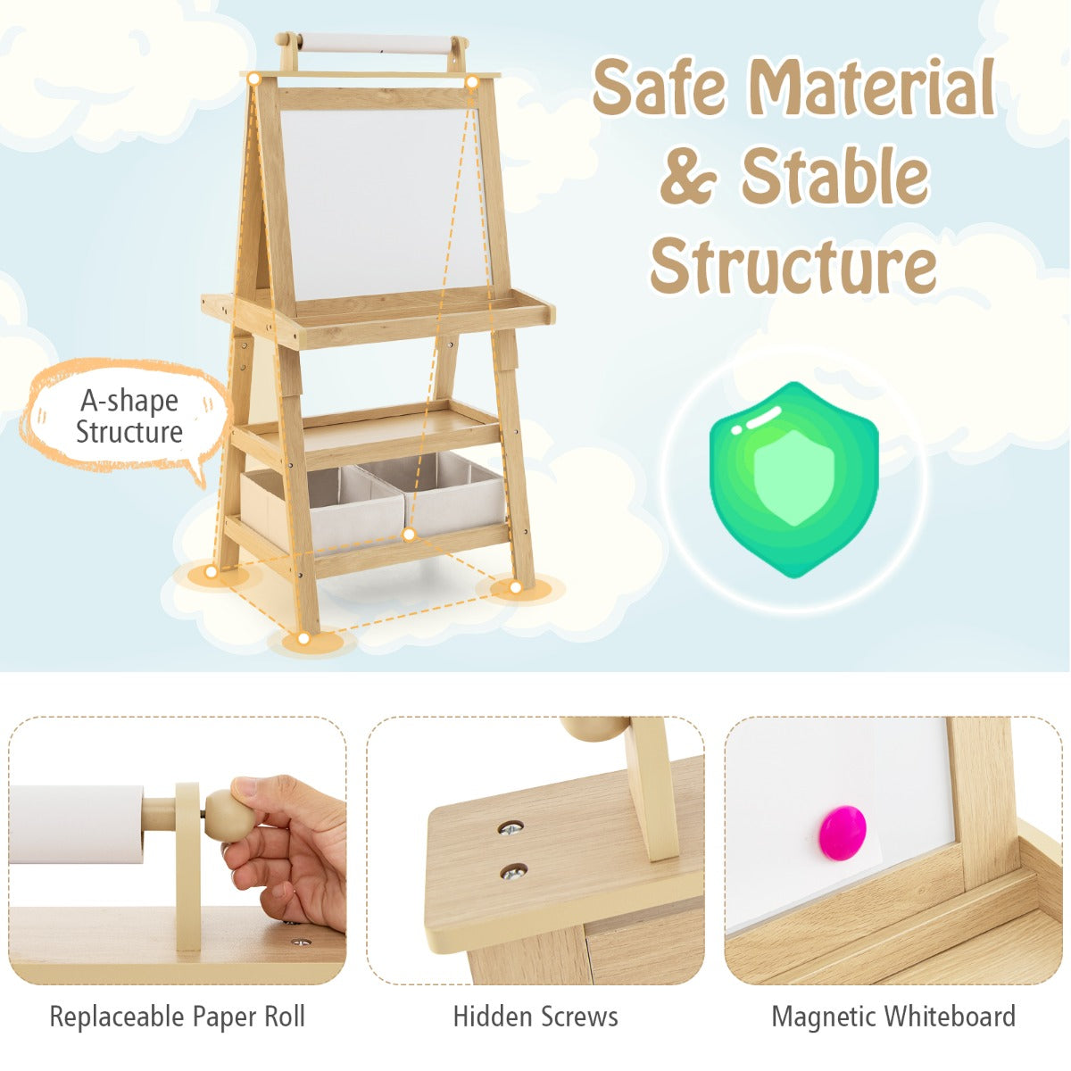 Children's Double-Sided Art Easel with Paper Roll-Natural