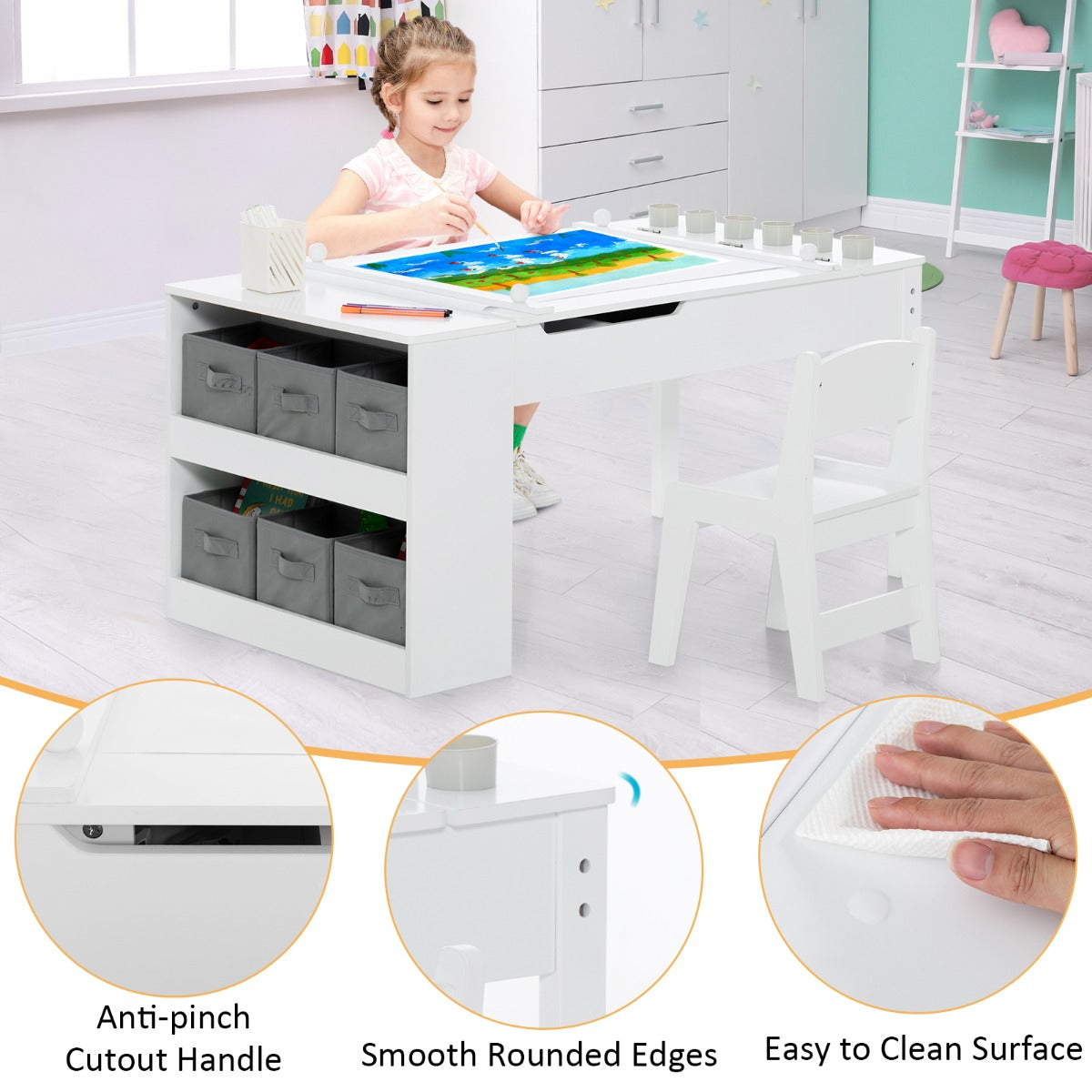 Kids Art Table and 2 Chairs Set with Paper Roll for Daycare Nursery Playroom