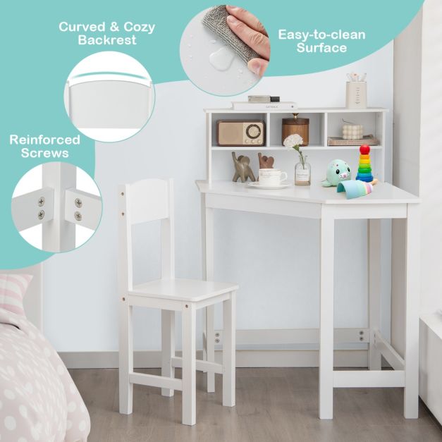 Kids Corner Desk and Chair Set with Chair and Hutch-White