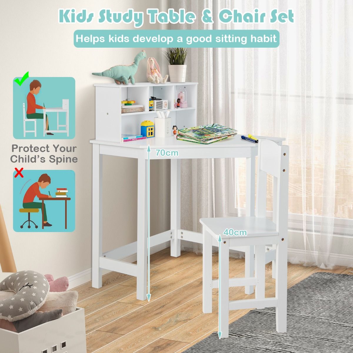 Kids Corner Desk and Chair Set with Chair and Hutch-White