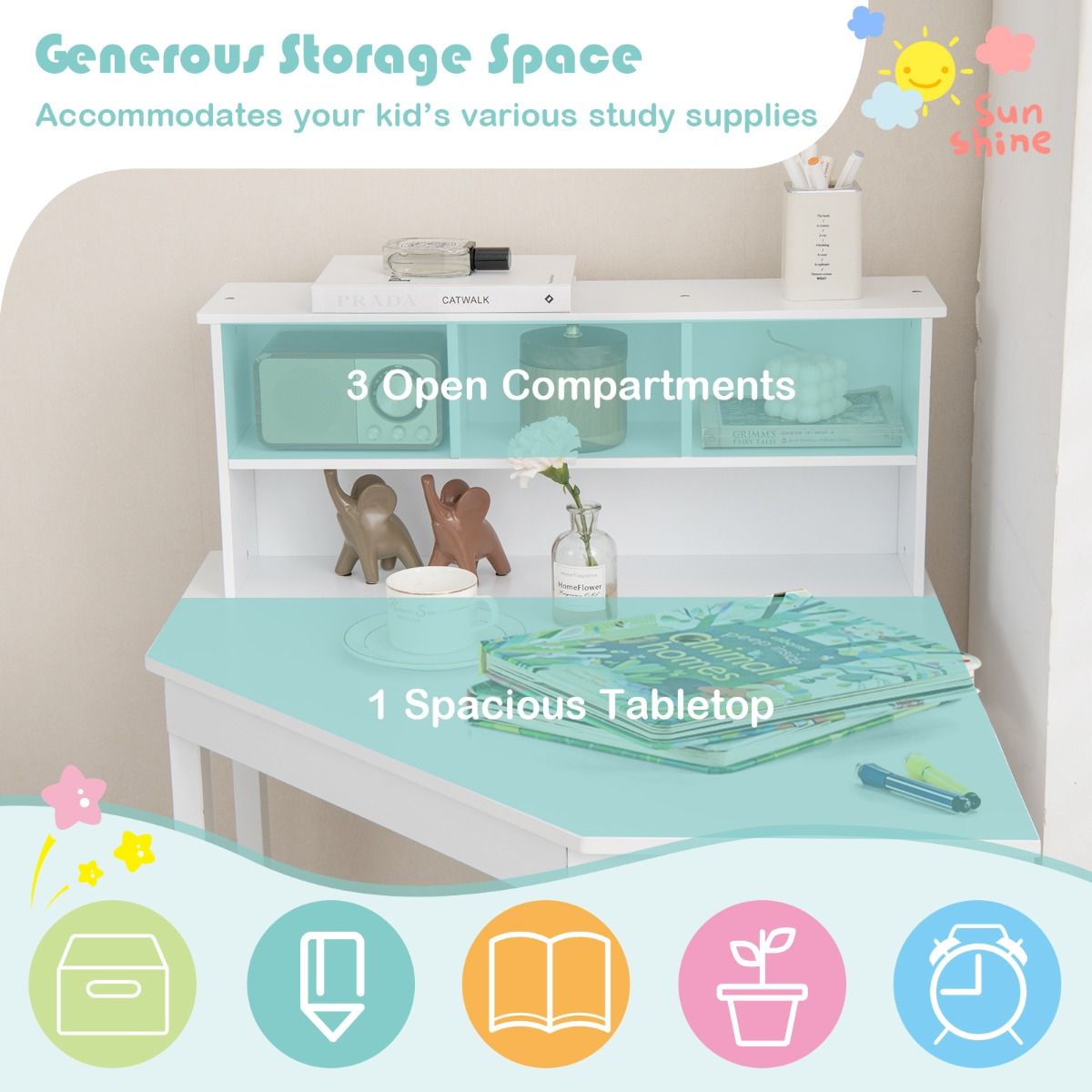 Kids Corner Desk and Chair Set with Chair and Hutch-White