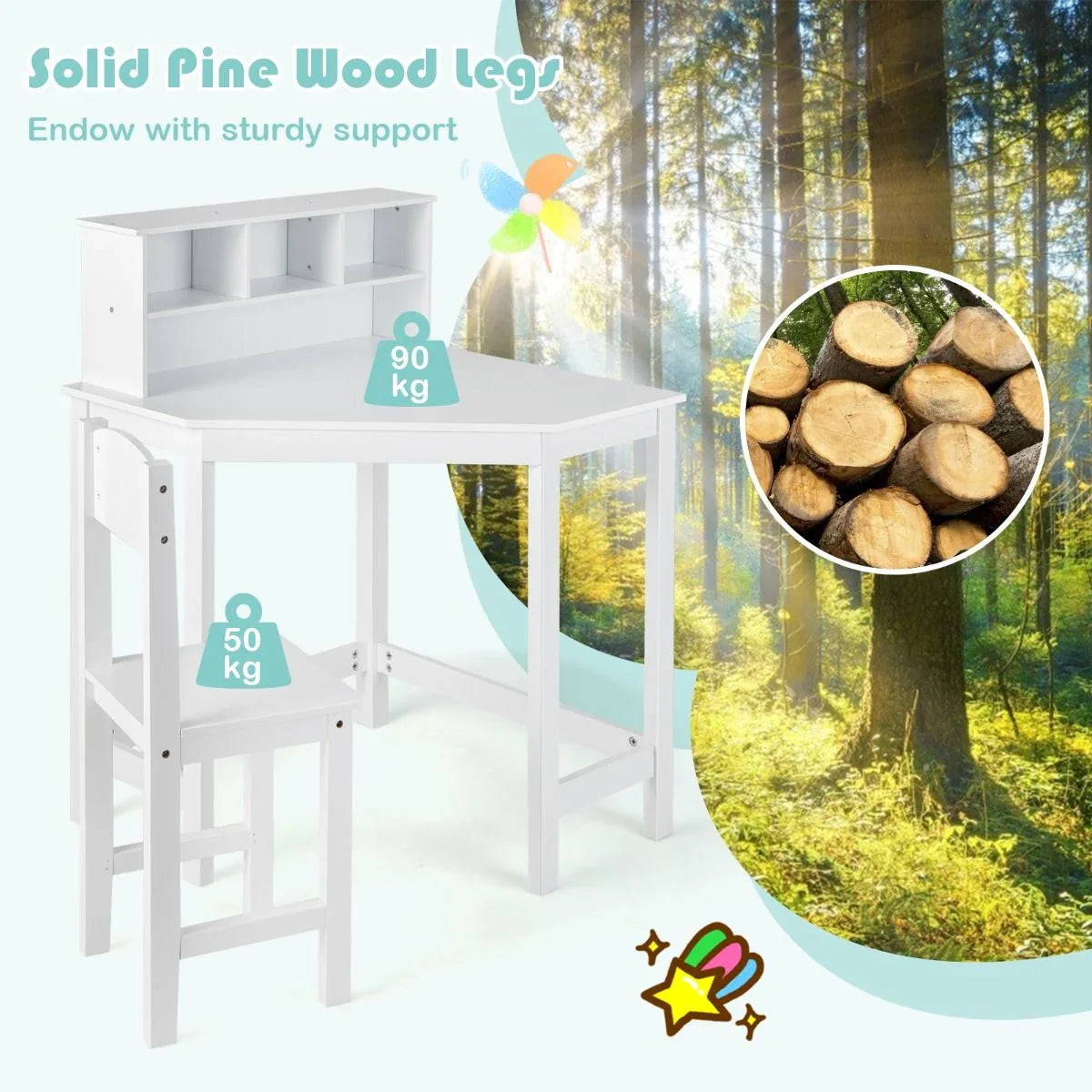 Kids Corner Desk and Chair Set with Chair and Hutch-White
