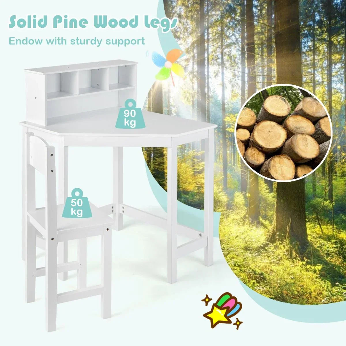 Kids Corner Desk and Chair Set with Chair and Hutch-White