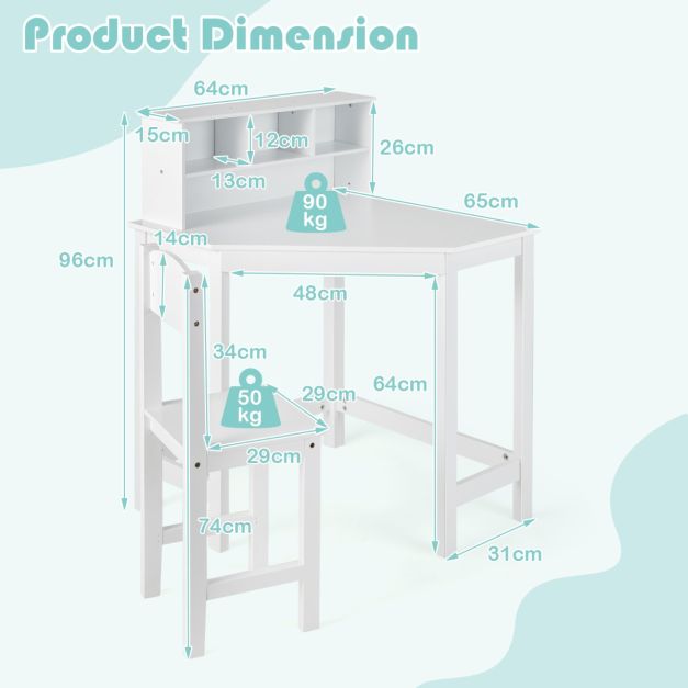 Kids Corner Desk and Chair Set with Chair and Hutch-White