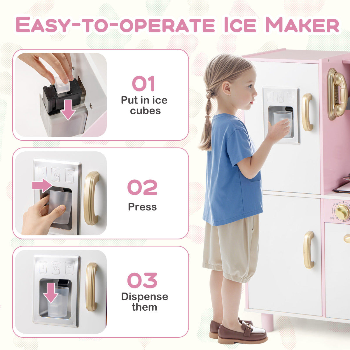 Kids Kitchen Playset Pretend Wooden Play Kitchen with Apron for 3+ Years Old-Pink