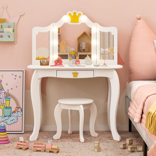 Kids Vanity Set with Lighted Mirror and Adjustable Brightness Pull-out Drawer and Stool-White