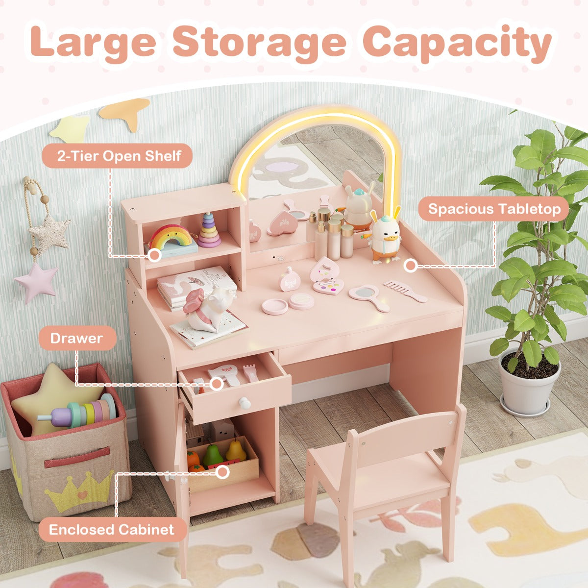 Kids Vanity Table and Chair Set with Shelves Drawer and Cabinet-Light Pink