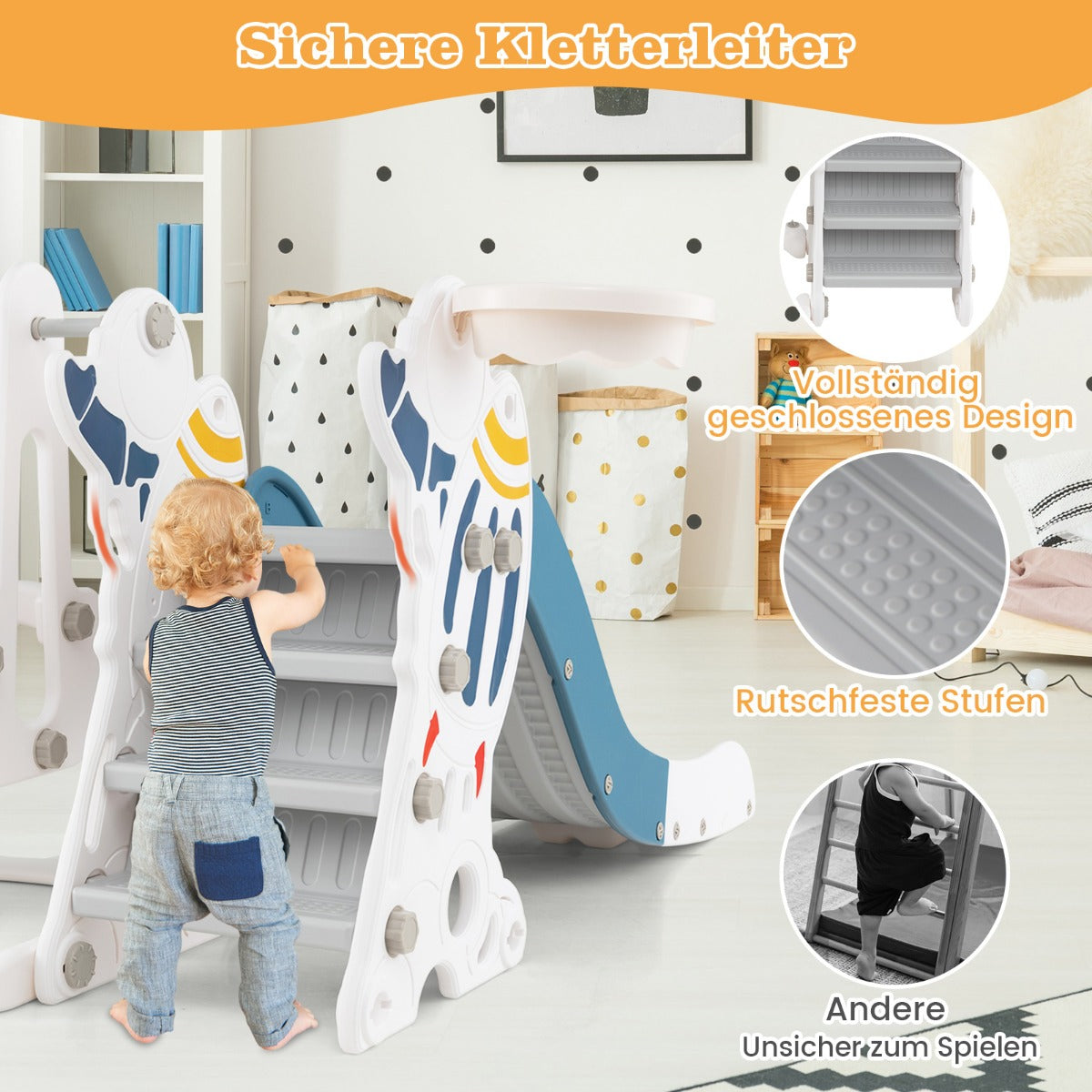 Toddler Slide and Swing Set with Basketball Pump and Stickers for Children 18+ Months Old-Blue