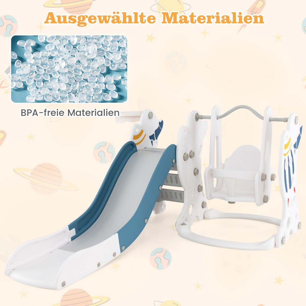 Toddler Slide and Swing Set with Basketball Pump and Stickers for Children 18+ Months Old-Blue