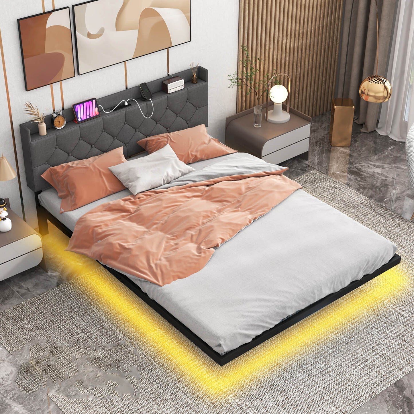 Double/King Size Floating Bed Frame with Adjustable Headboard and Charging Station-Grey-King Size