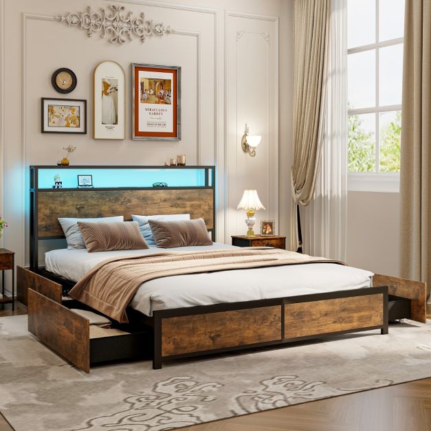 5 Feet King Size Metal Bed Frame with RGB LED Lights and Charging Station