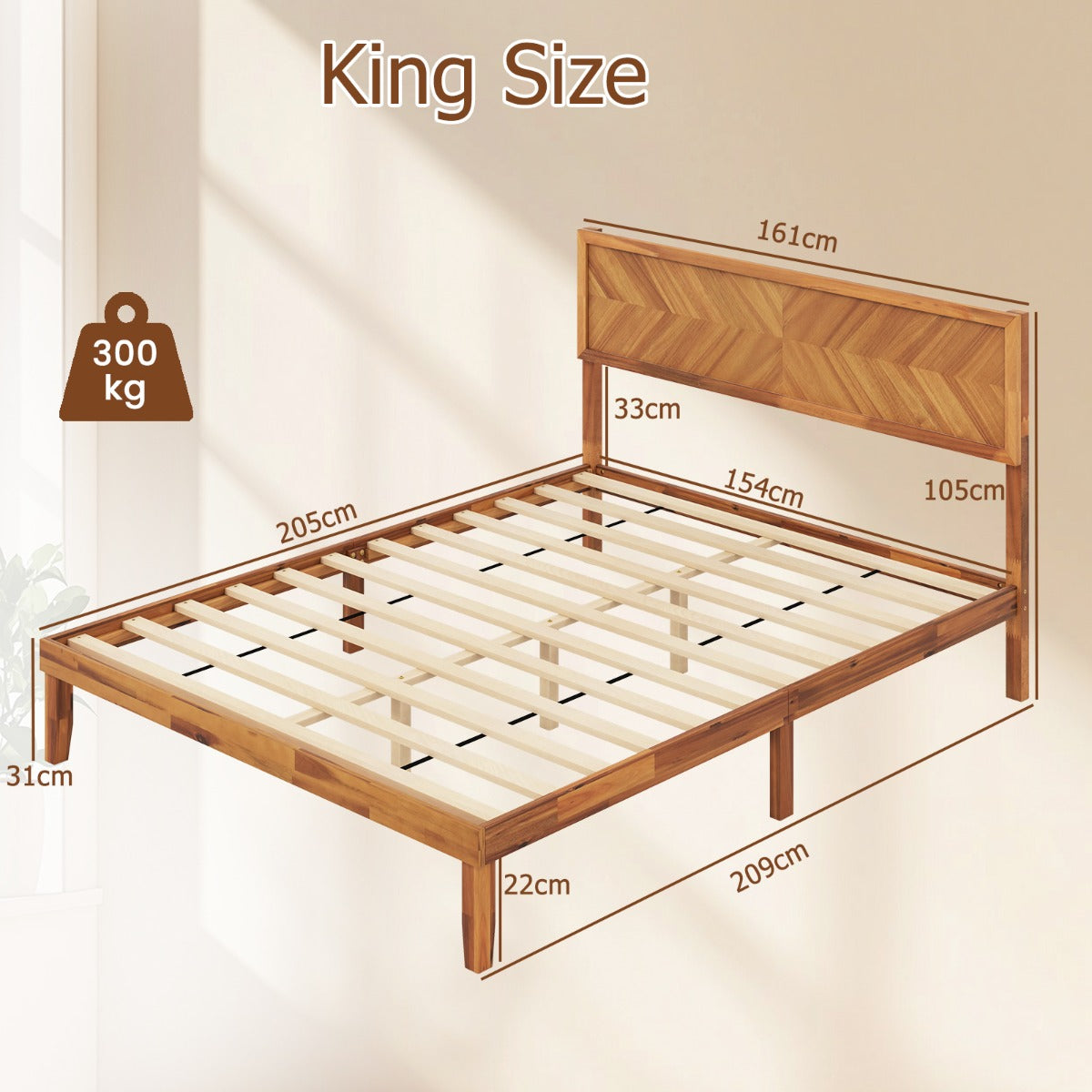Single/King Size Mid-Century Acacia Wood Bed Frame with Headboard-King Size