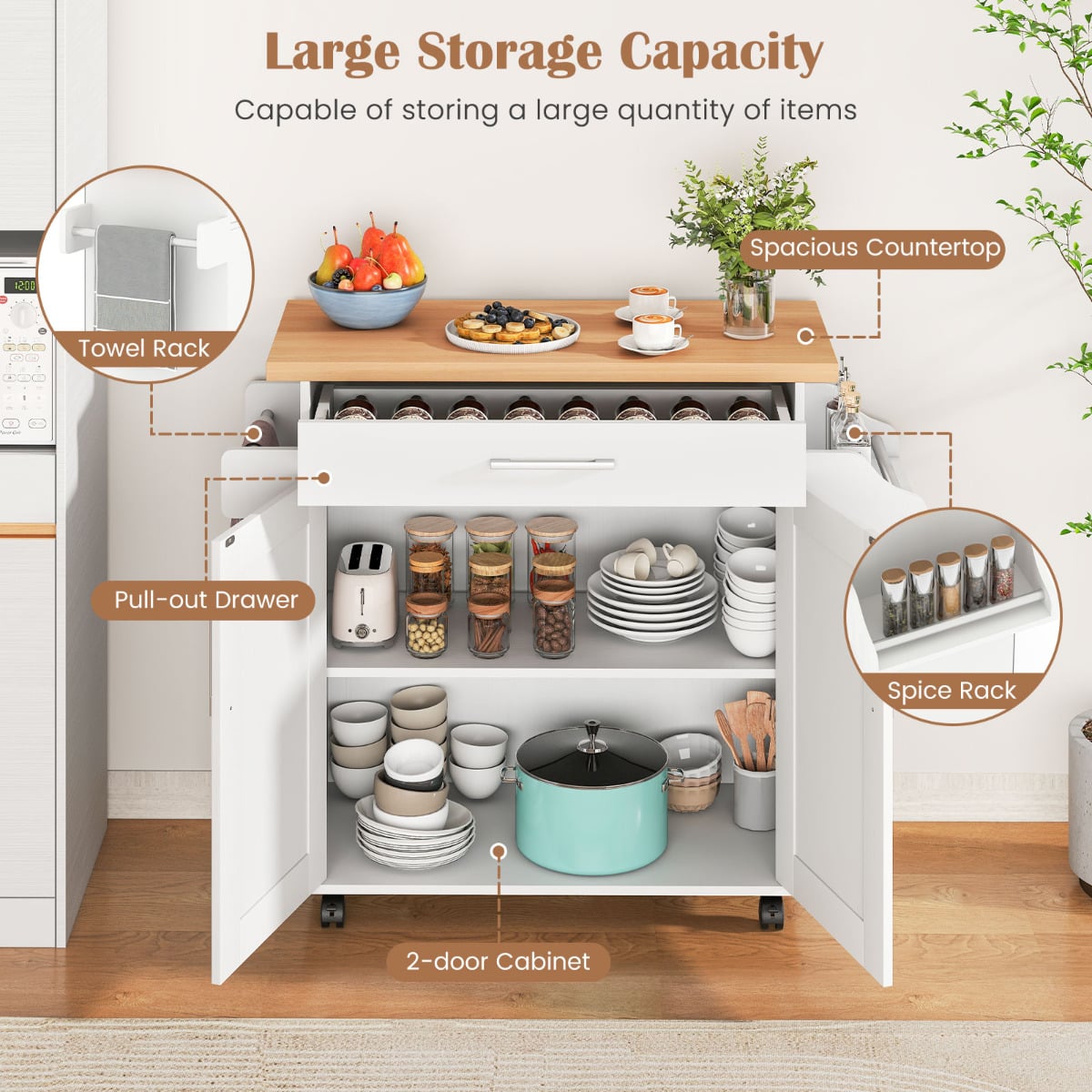 Kitchen Island Cart with Storage and Adjustable Shelf-White