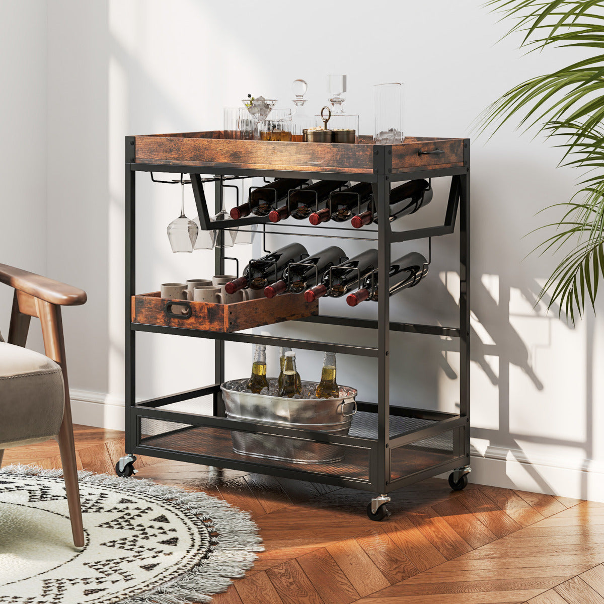 Kitchen Serving Cart with Removable Tray and Wine Rack-Rustic Brown