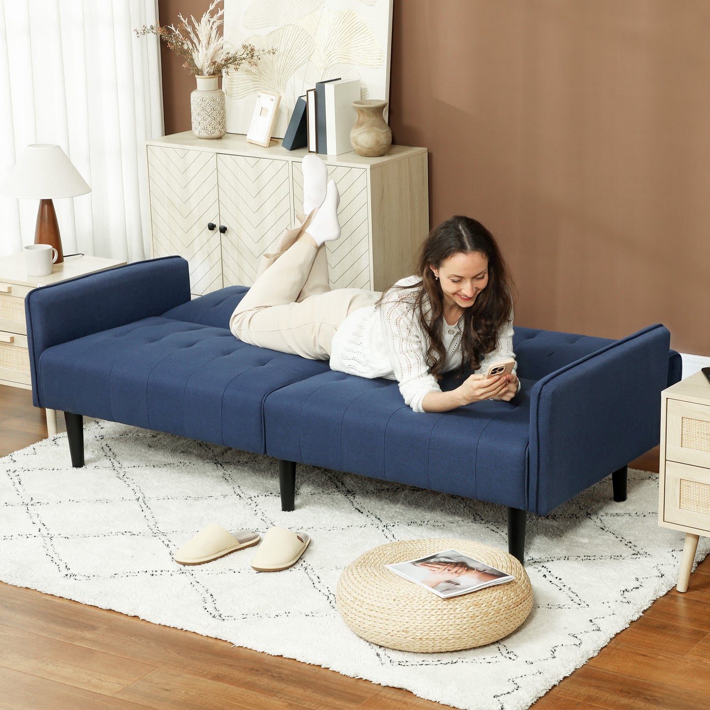HOMCOM Upholstered Click Clack Sofa Bed, Linen-Feel 3 Seater Sofa Bed with Storage and Cupholders, Dark Blue