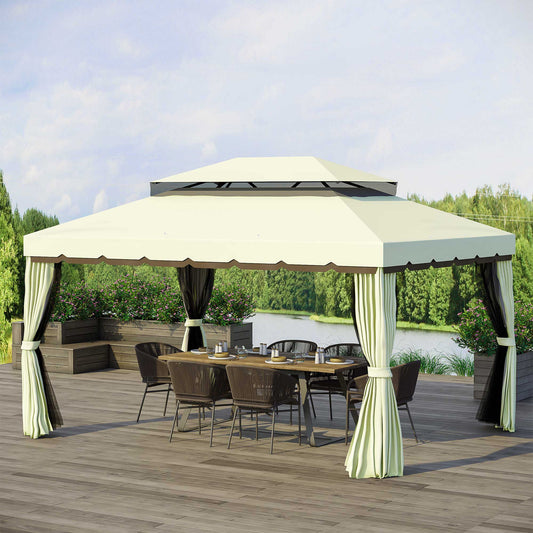 Outsunny 4 x 3 m Aluminum Garden Gazebo, Double Roof Outdoor Gazebo Canopy Shelter with Netting & Curtains for Garden, Lawn, Backyard and Deck, Cream
