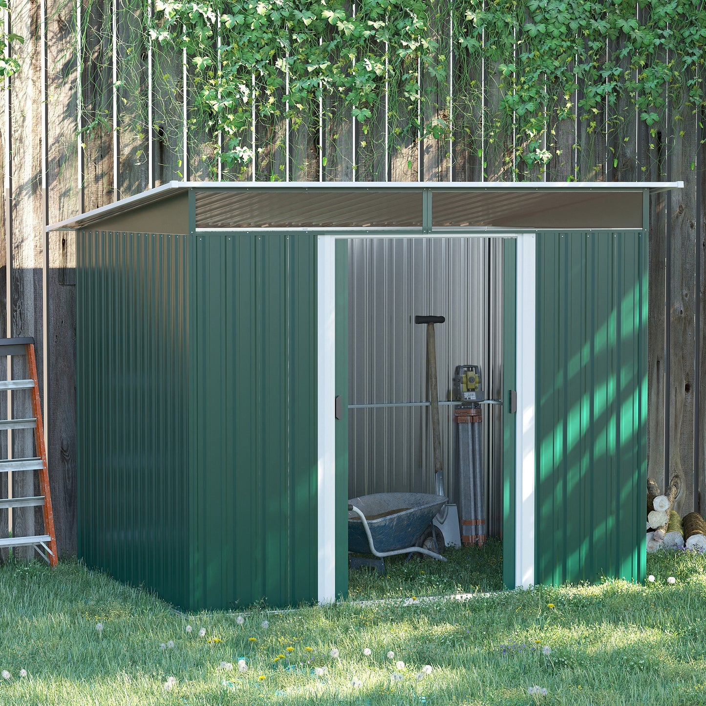 Outsunny 8,5 x 6 stóp metalowa szopa z panelami Lightsky, ogrodowy domek narzędziowy z podwójnymi drzwiami do ogrodu, na patio i trawnik, zielony