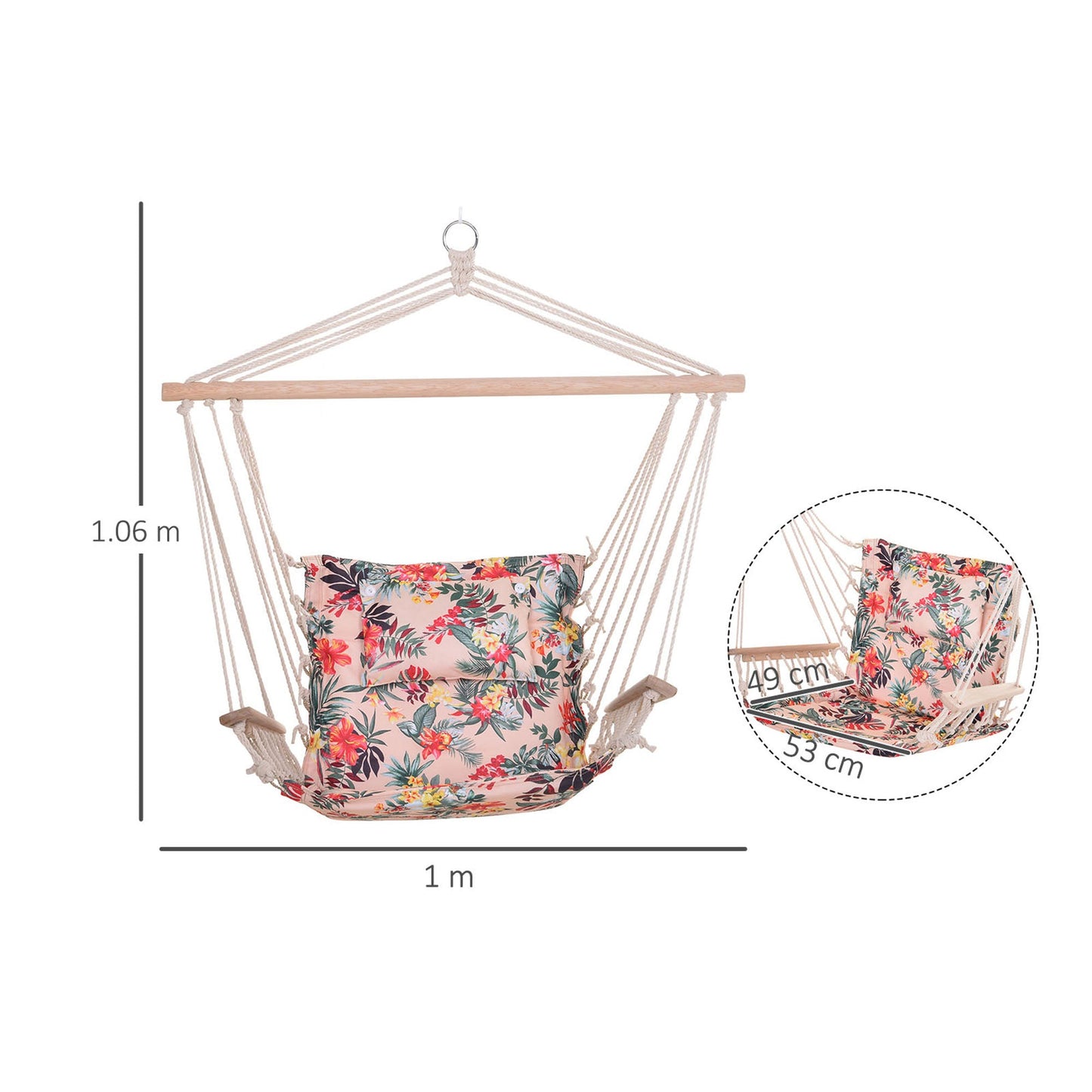 Outsunny Garden Zewnętrzny wiszący fotel hamakowy Gruba lina Rama Drewniane podłokietniki Bezpieczne szerokie siedzisko Ogród Zewnętrzny Stylowy Wielokolorowy kwiatowy