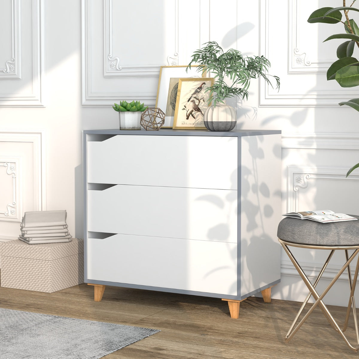 Modern 3 Drawer Chest Dresser with Large Storage Capacity Embedded Handle-White