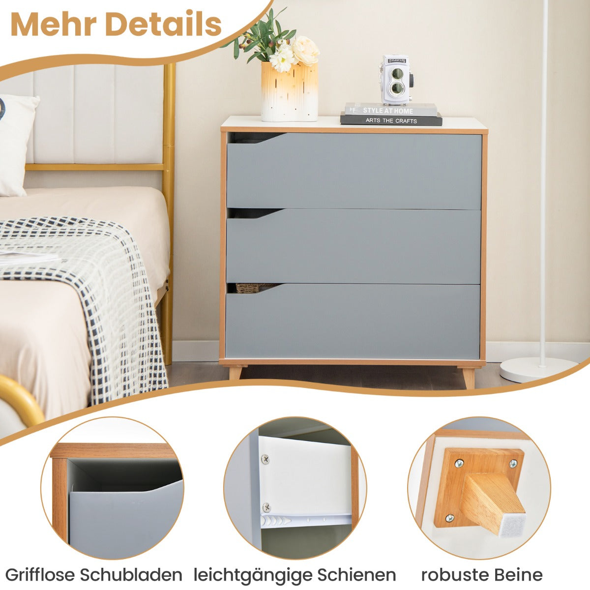 Modern 3 Drawer Chest Dresser with Large Storage Capacity Embedded Handle-Grey