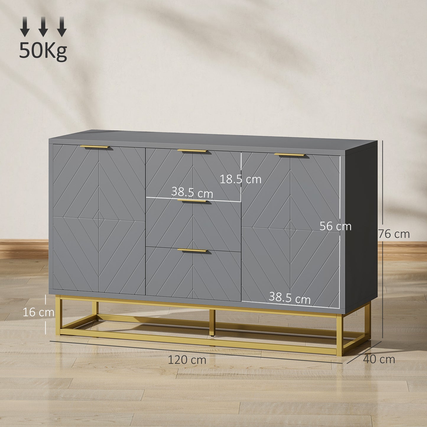 HOMCOM Sideboard with 3 Drawers and Adjustable Shelves for Living Room - Grey