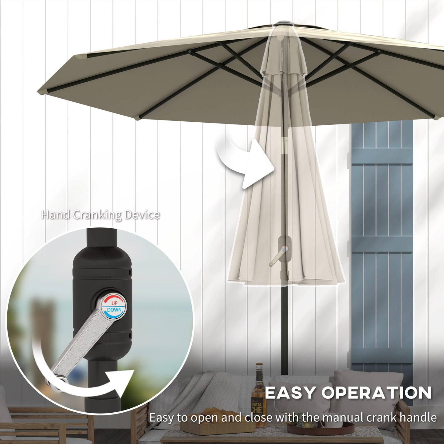 Outsunny 2.6M Parasol ogrodowy z pochylanym i korbowym uchwytem, zewnętrzny parasol przeciwsłoneczny z aluminiową ramą, jasnoszary