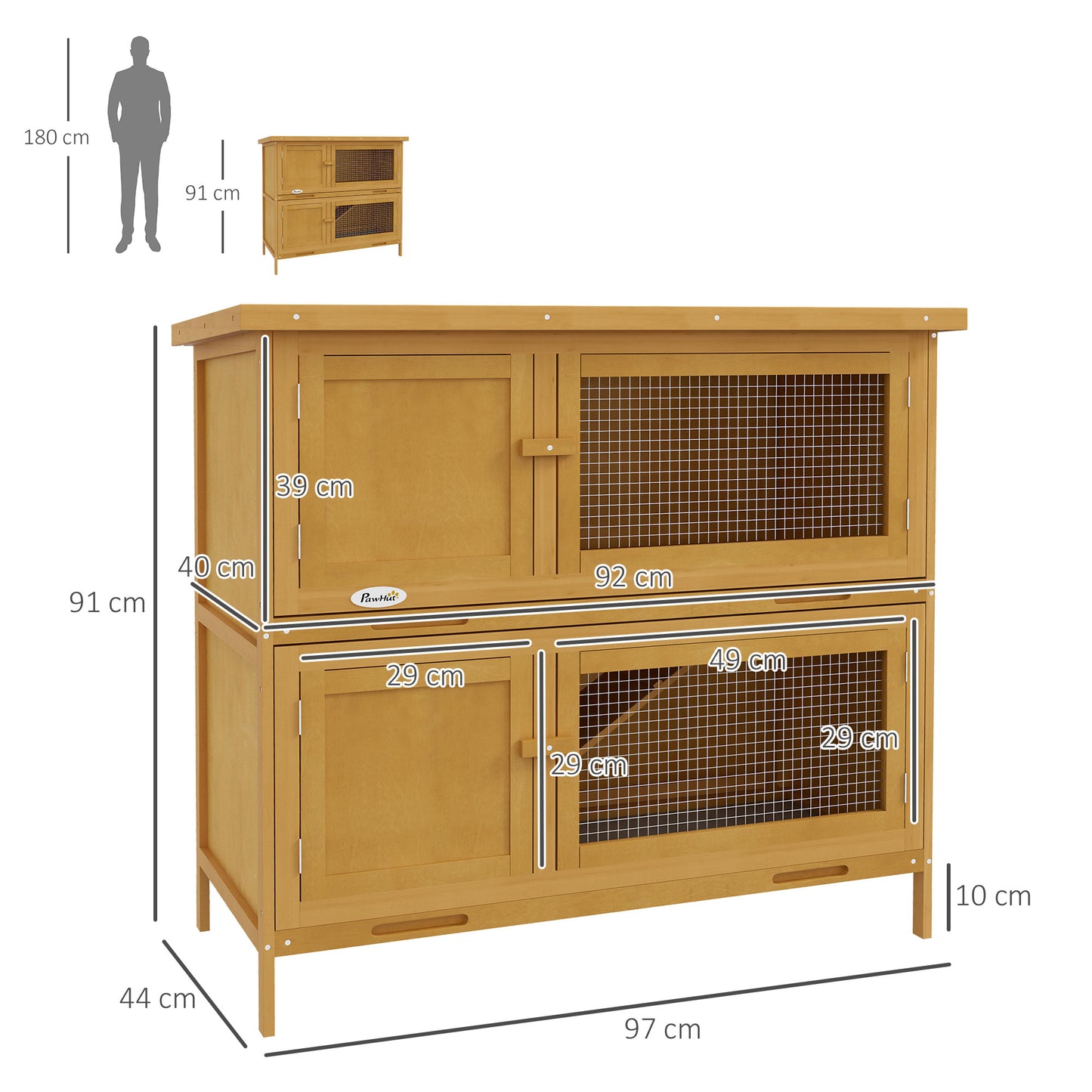 PawHut Double Decker Rabbit Hutch 2 Tier Guinea Pig House Klatka zewnętrzna dla królików z wysuwaną tacką, 97 x 44 x 91 cm, żółta