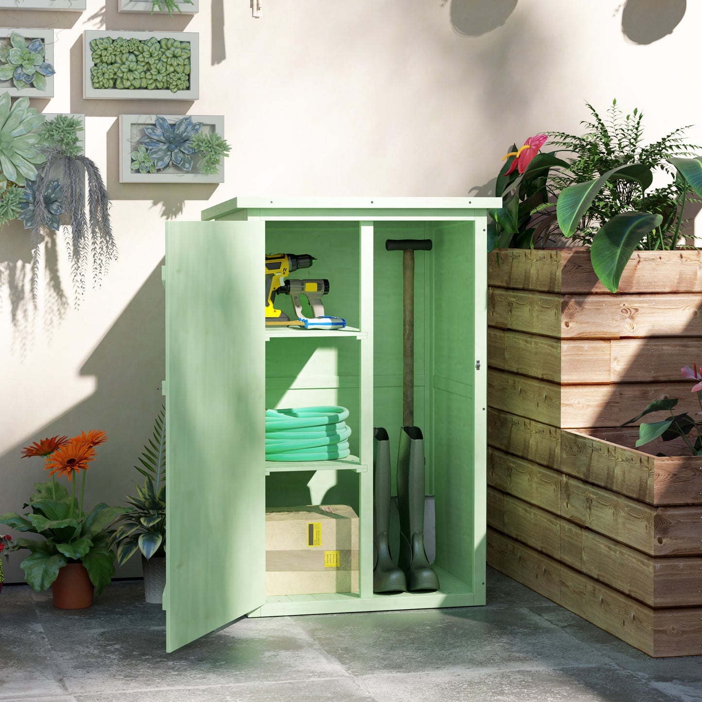 Outsunny Drewniany mały domek, ogrodowy domek do przechowywania z półkami i ryglem, 75L x 56W x 115H cm, zielony