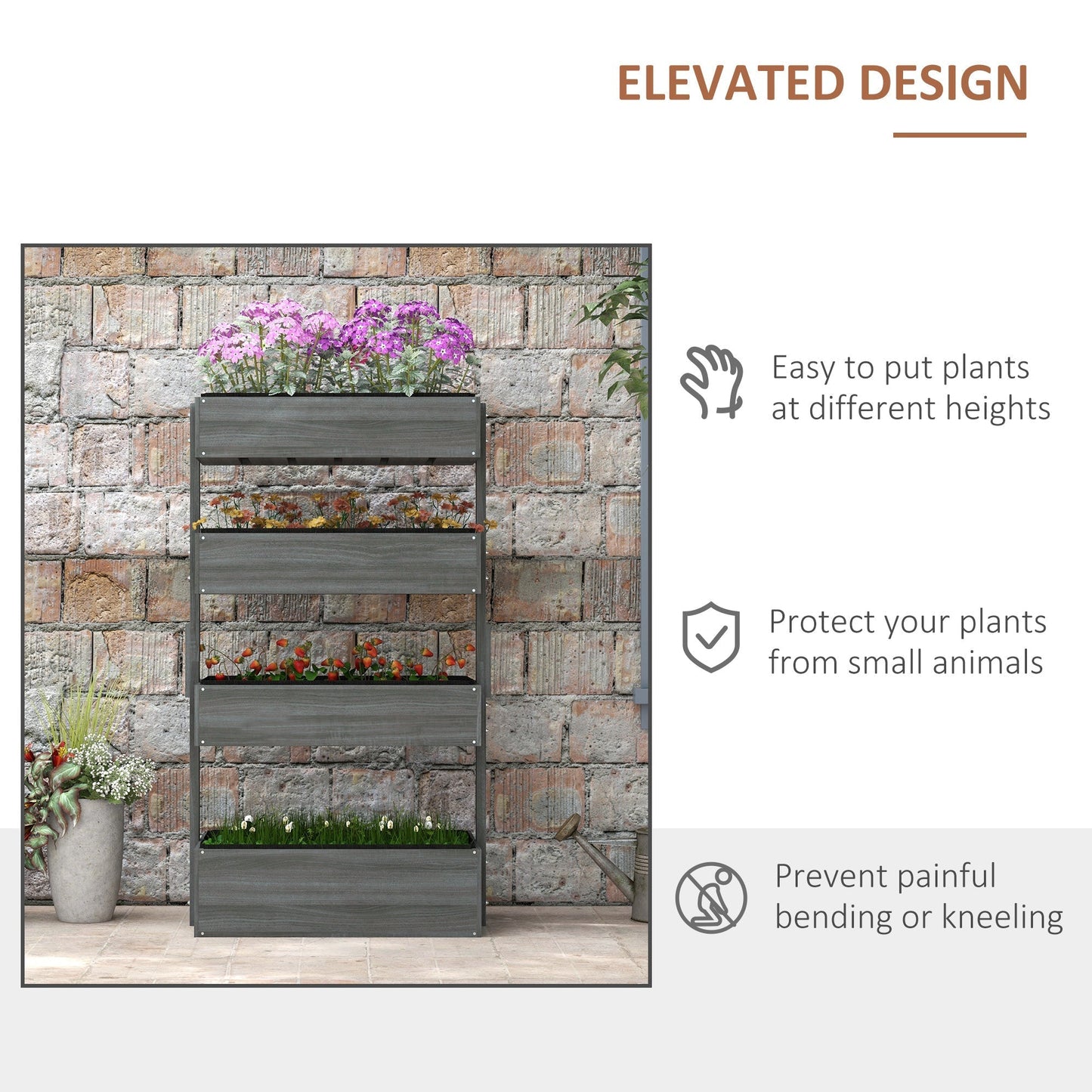 Outsunny Four-Tier Basket Wooden Plant Stand - Grey