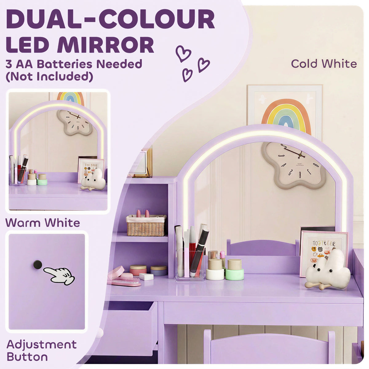 AIYAPLAY Kids Vanity Table and Chair Set, Kids Vanity Table with 2-Colour LED Mirror, Stool, Cabinet, Drawer, Shelves, Purple