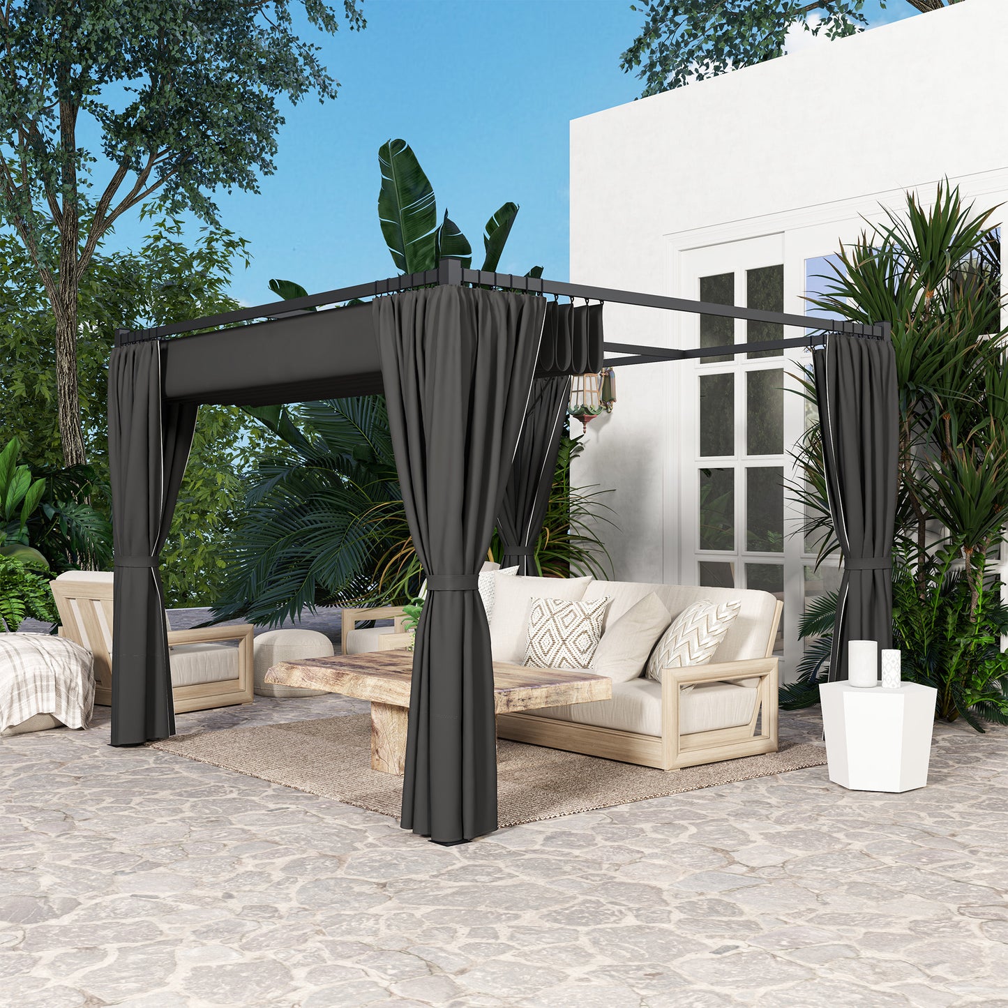 Outsunny 3 x 3(m) Rozsuwana pergola, altana ogrodowa z zasłonami, do grilla, na patio, taras, antracyt