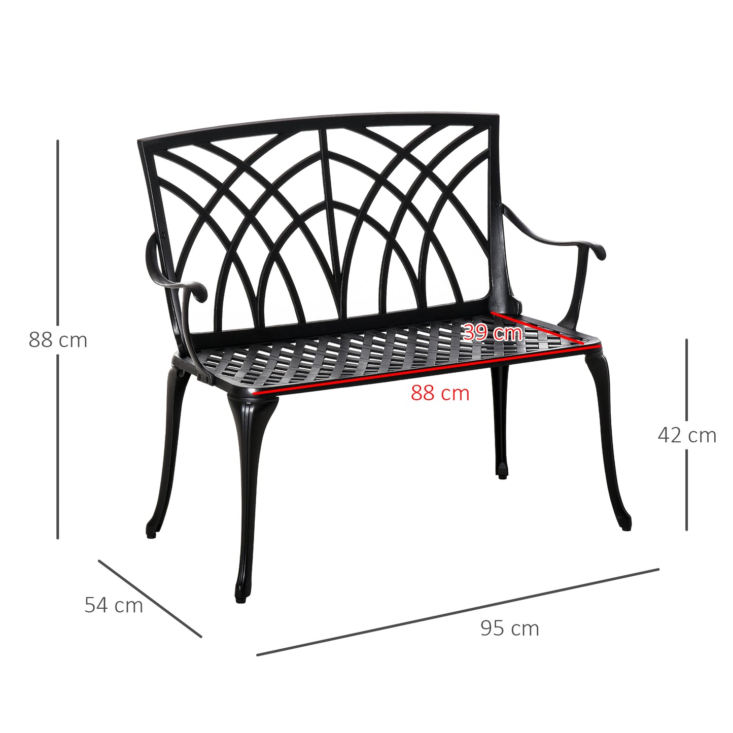 Outsunny 2-osobowa ławka ogrodowa z odlewu aluminiowego Loveseat Outdoor Furniture Chair z dekoracyjnym oparciem i ergonomicznym podłokietnikiem na patio, taras lub werandę