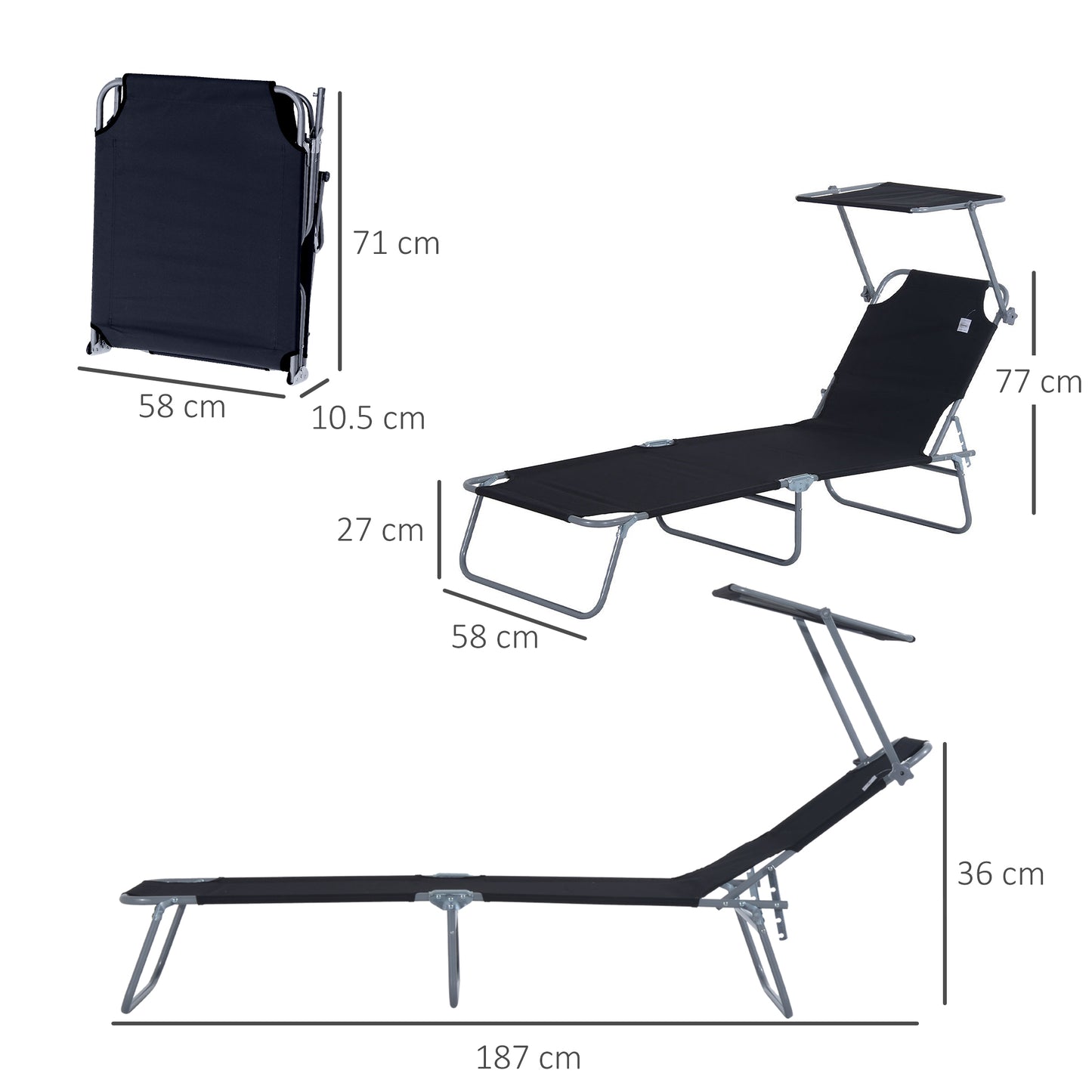 Outsunny Outdoor składany leżak słoneczny, 4-poziomowy regulowany oparcie, leżak słoneczny z markizą przeciwsłoneczną z regulacją kąta nachylenia, na plażę, do ogrodu, na patio, czarny