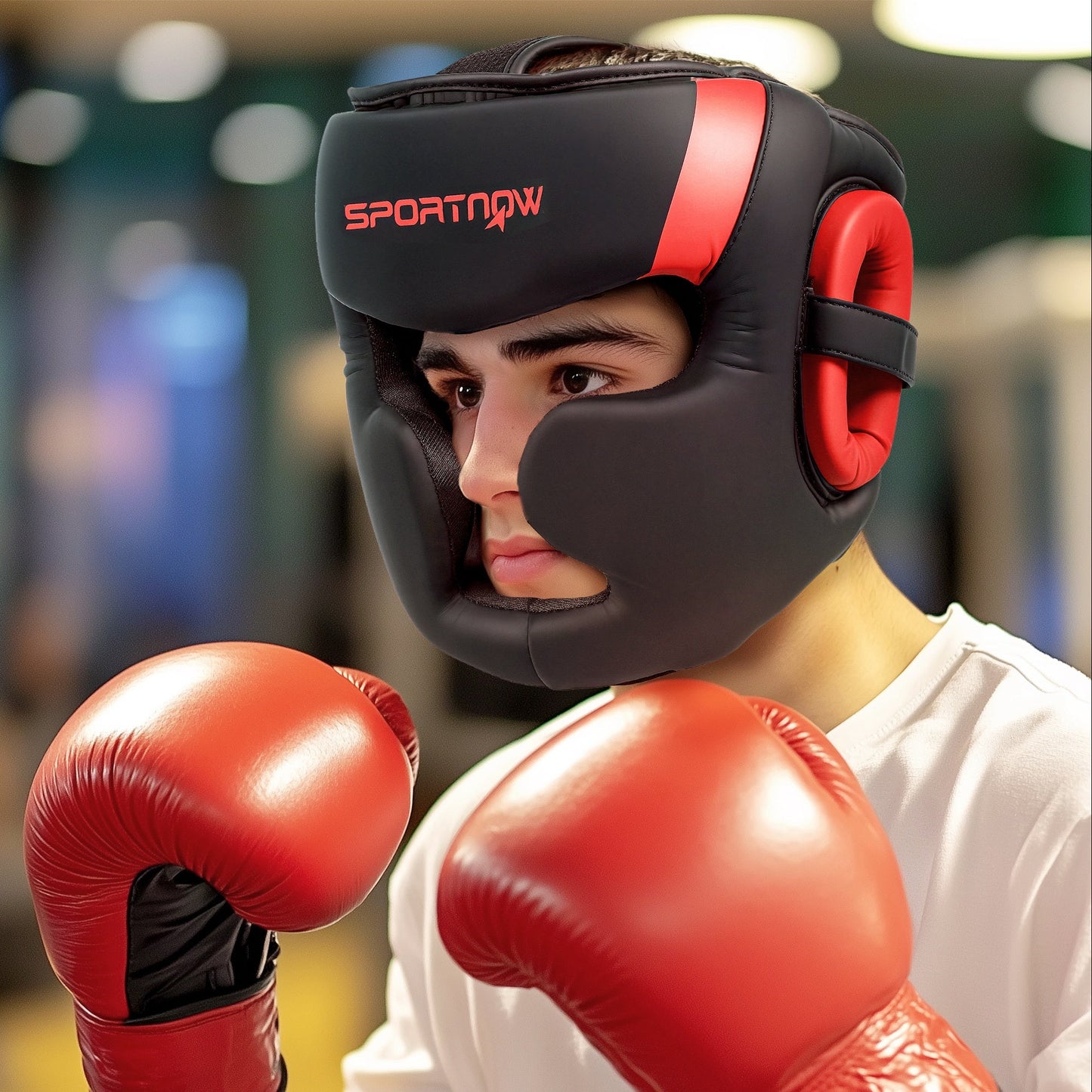 Kask bokserski SPORTNOW z regulowanym paskiem zapewniający pełną ochronę twarzy do kickboxingu, sparingów, sztuk walki, karate, taekwondo, czerwony