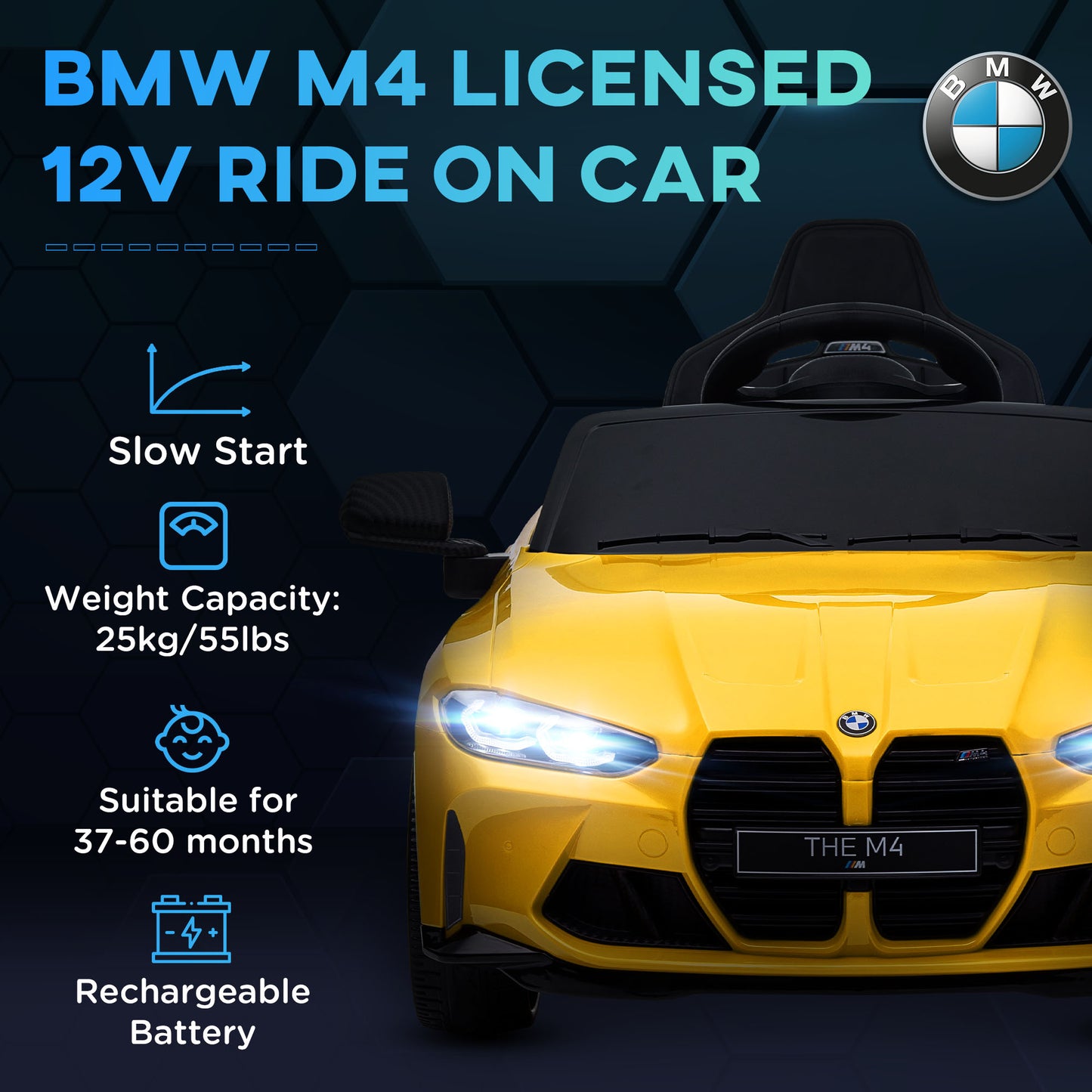 AIYAPLAY 12V BMW M4 Licencjonowany samochód dla dzieci z łatwym transportem, pilotem, zawieszeniem, muzyką, klaksonem, światłami LED, żółty