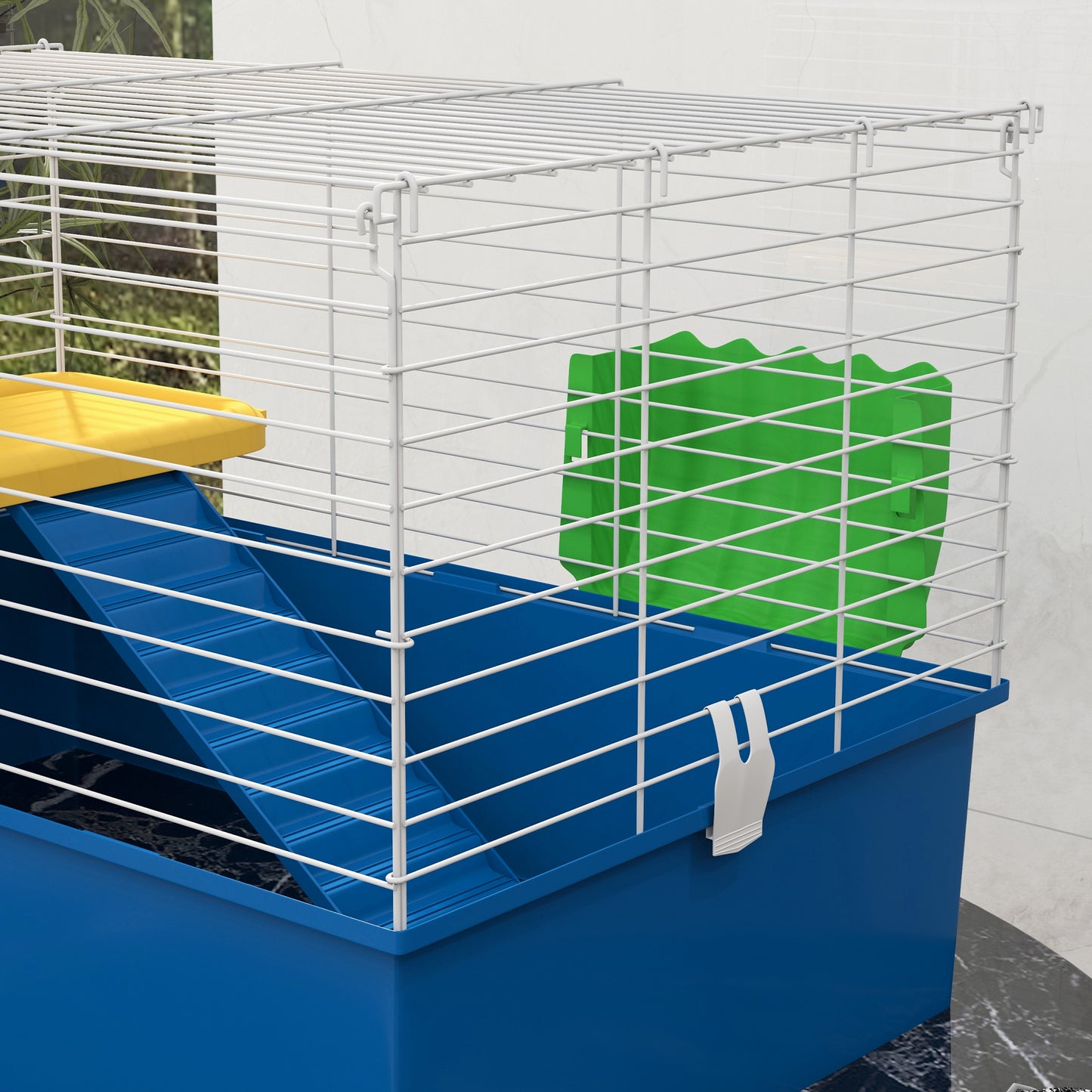 PawHut Chinchillas Small Rabbit Guinea Pig Small Animal Cage, Pet Playhouse, with Platform, Ramp, 71 x 46 x 47cm, Blue