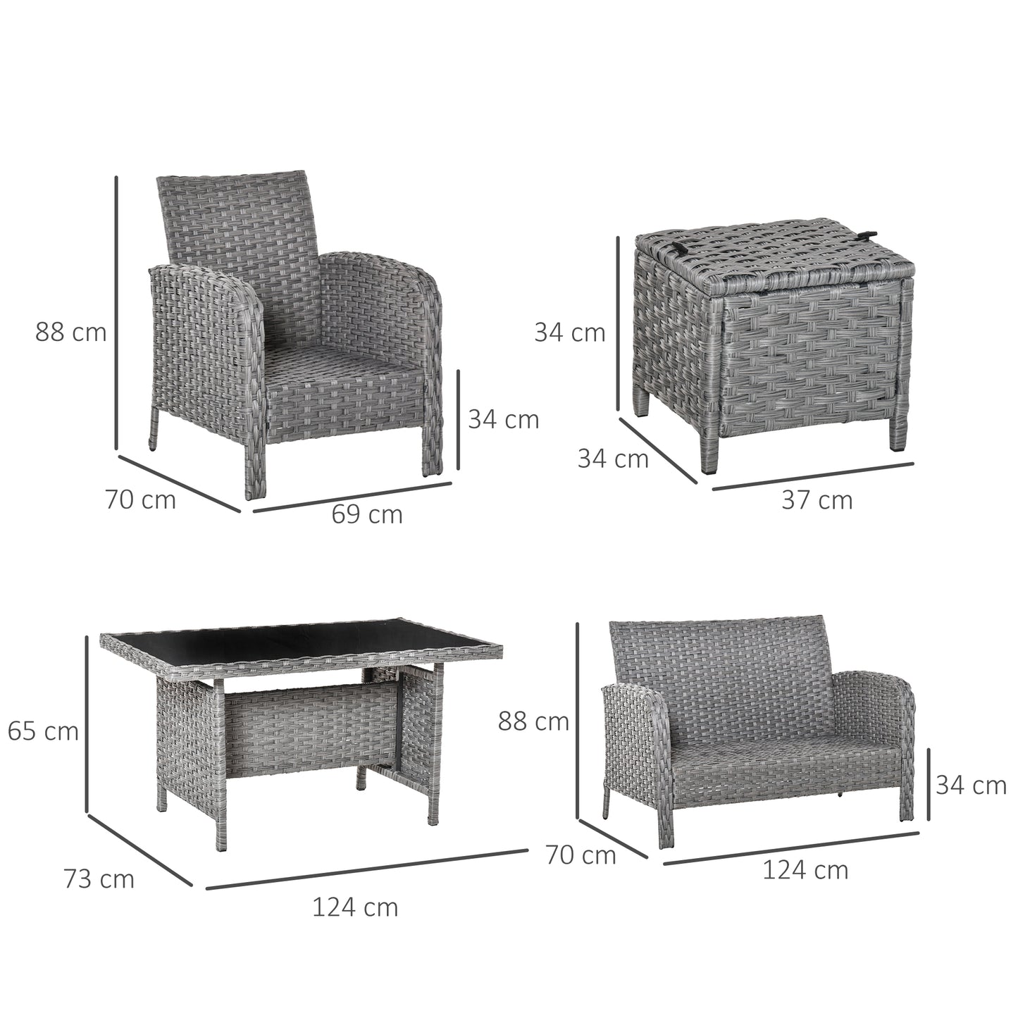 Outsunny 6 Pieces Rattan Garden Furniture Set, 6 Seater Garden Sofa Set with Glass Top Dining Table, Loveseat, 2 Armchairs and Ottomans, Wicker Outdoor Conservatory Furniture for Patio, Grey