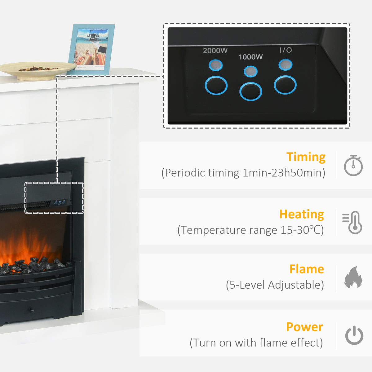 HOMCOM 40" Electric Firplace Suites & Mantelpiece w/LED Flames Remote Marble Stone Modern Curved Surround Intelligent Safe Adjustable Thermal 1000W/2000W