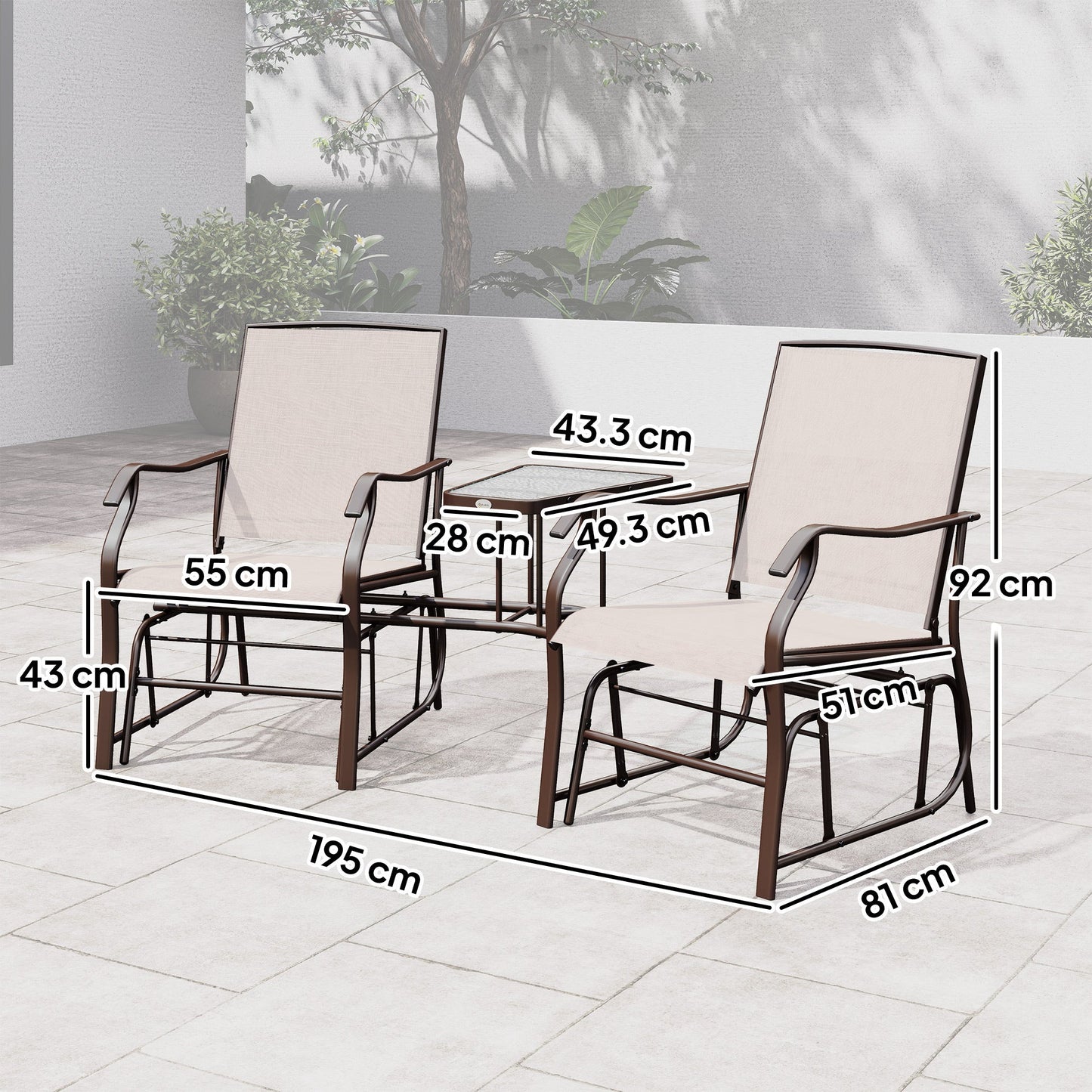 Outsunny Gliding Jack and Jill Seat, with Glass-Top Table - Brown/Beige