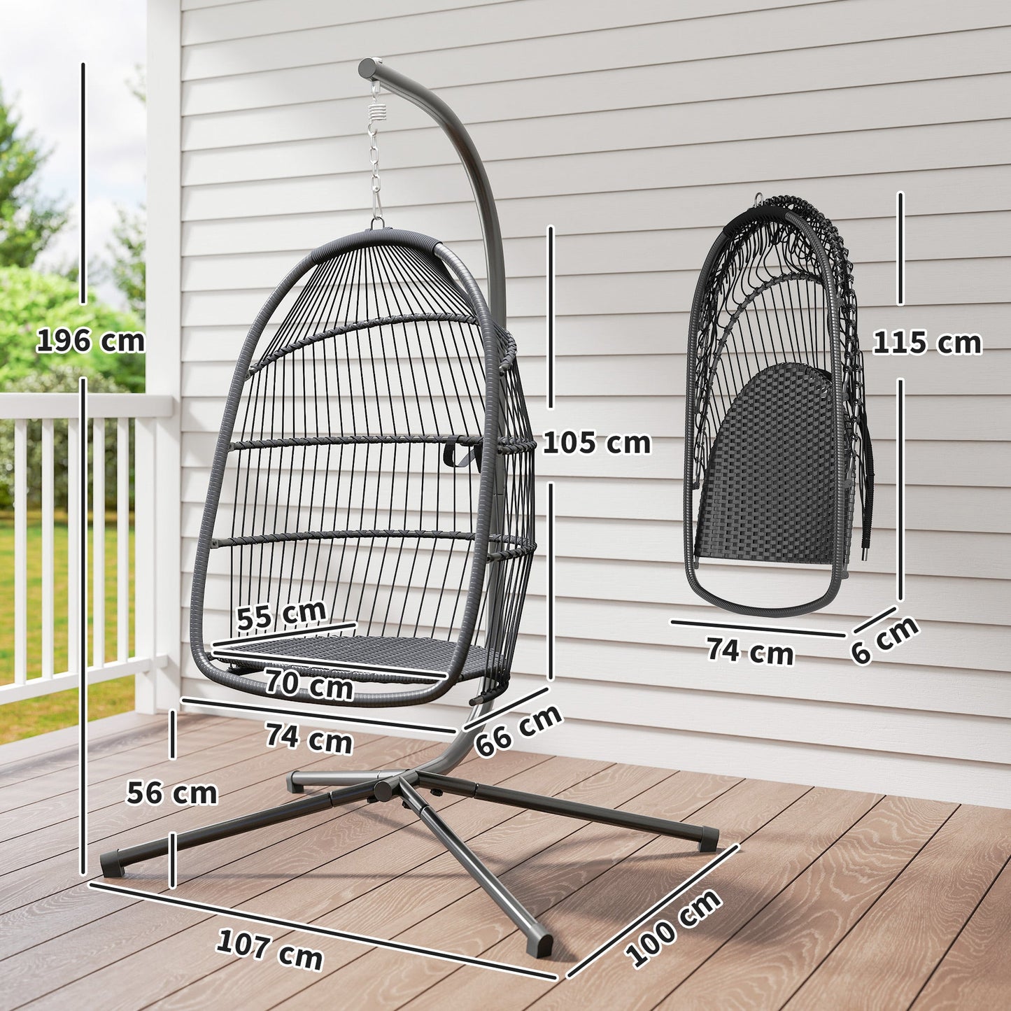 Outsunny Rattan Wiszący Fotel Jajko ze Stojakiem, Składany Wiklinowy Fotel Jajko z Poduszką, Poduszką na Głowę, Stalową Stelażem, Fotel Hamakowy Do Wewnątrz I Na Zewnątrz, Nośność 150 kg, Ciemnoszary