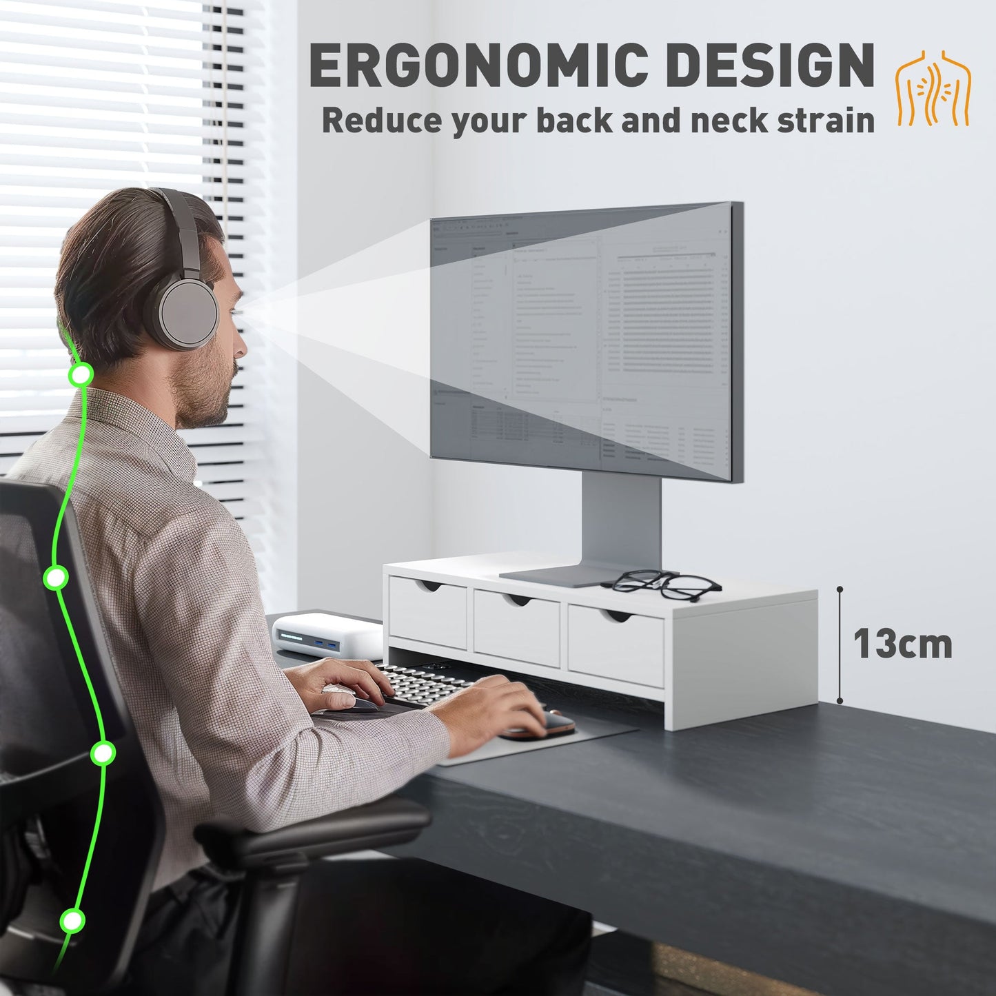 Podstawka pod monitor HOMCOM z 3 szufladami, podstawka pod monitor do laptopa, komputera stacjonarnego, PC, małej drukarki, 51 x 24 x 13 cm, biała
