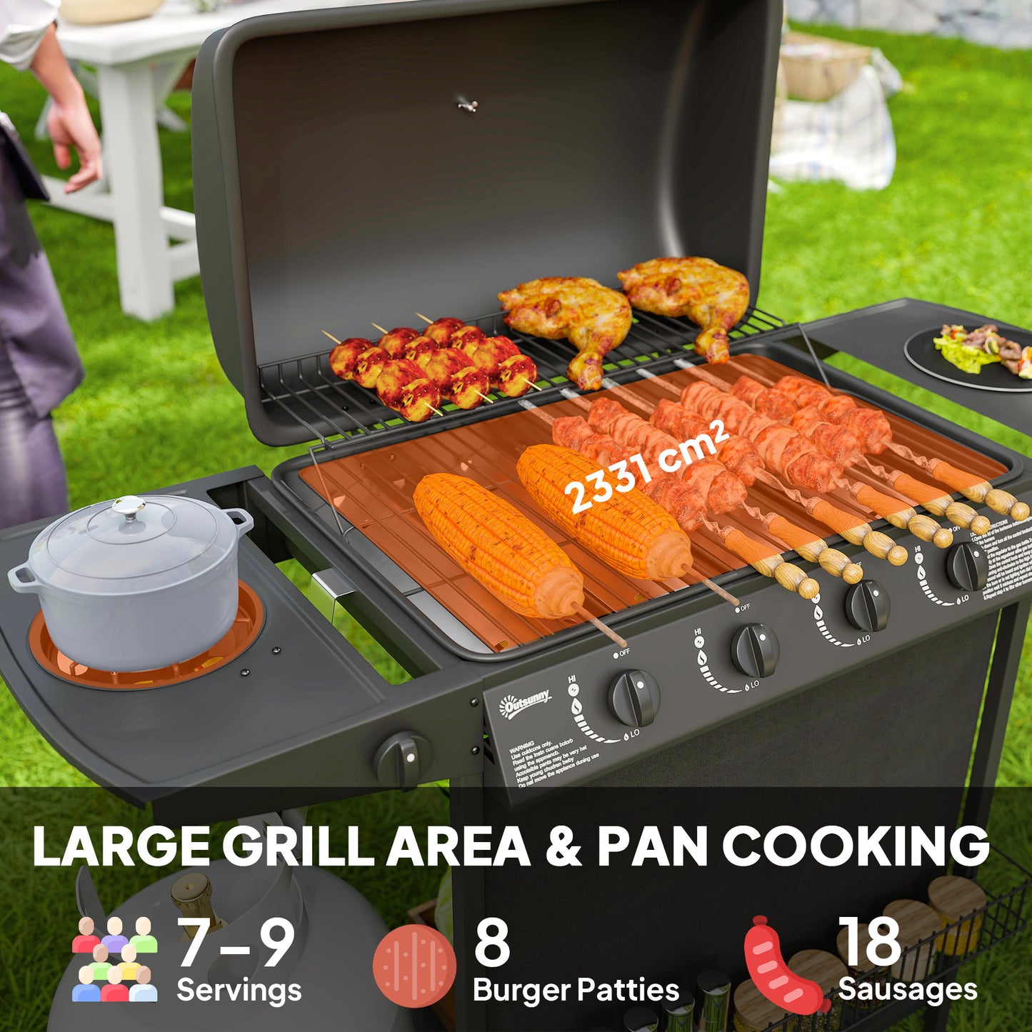 Outsunny 4+1 palnikowy grill gazowy, przenośny grill gazowy z wbudowanym termometrem, pokrywką, stolikiem bocznym, półką, stojakiem na przyprawy, kółkami, pojemnikiem na tłuszcz do gotowania na świeżym powietrzu na przyjęciu ogrodowym, czarny