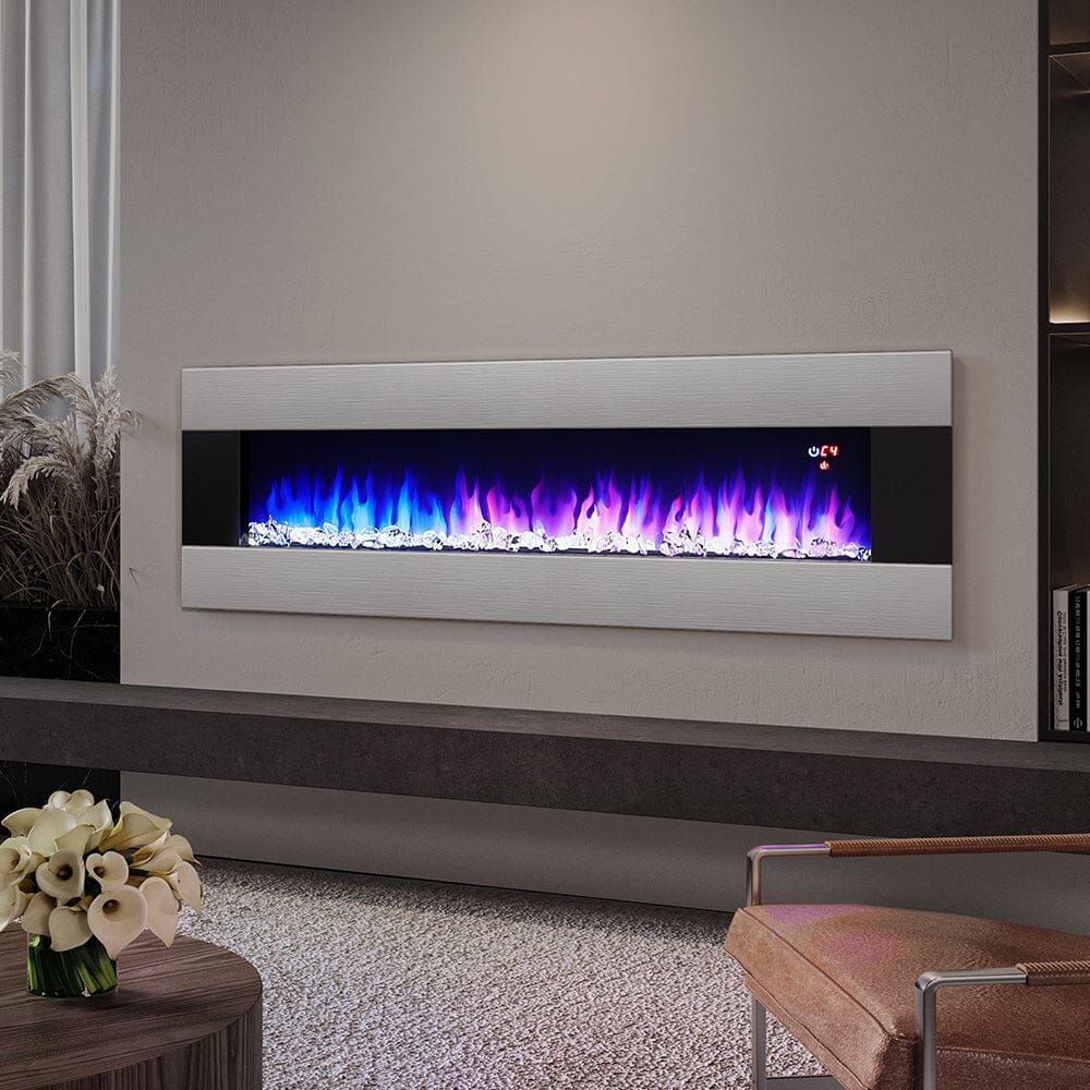 50/60 Inch Silver Electric Fireplace Crystal Accents 6 Flame Colour Heater Wall Mounted Fireplaces