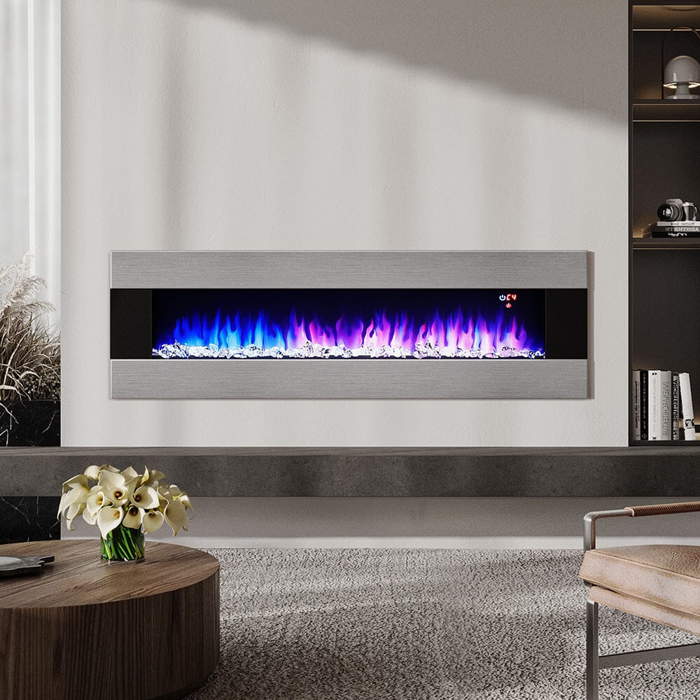 50/60 Inch Silver Electric Fireplace Crystal Accents 6 Flame Colour Heater Wall Mounted Fireplaces