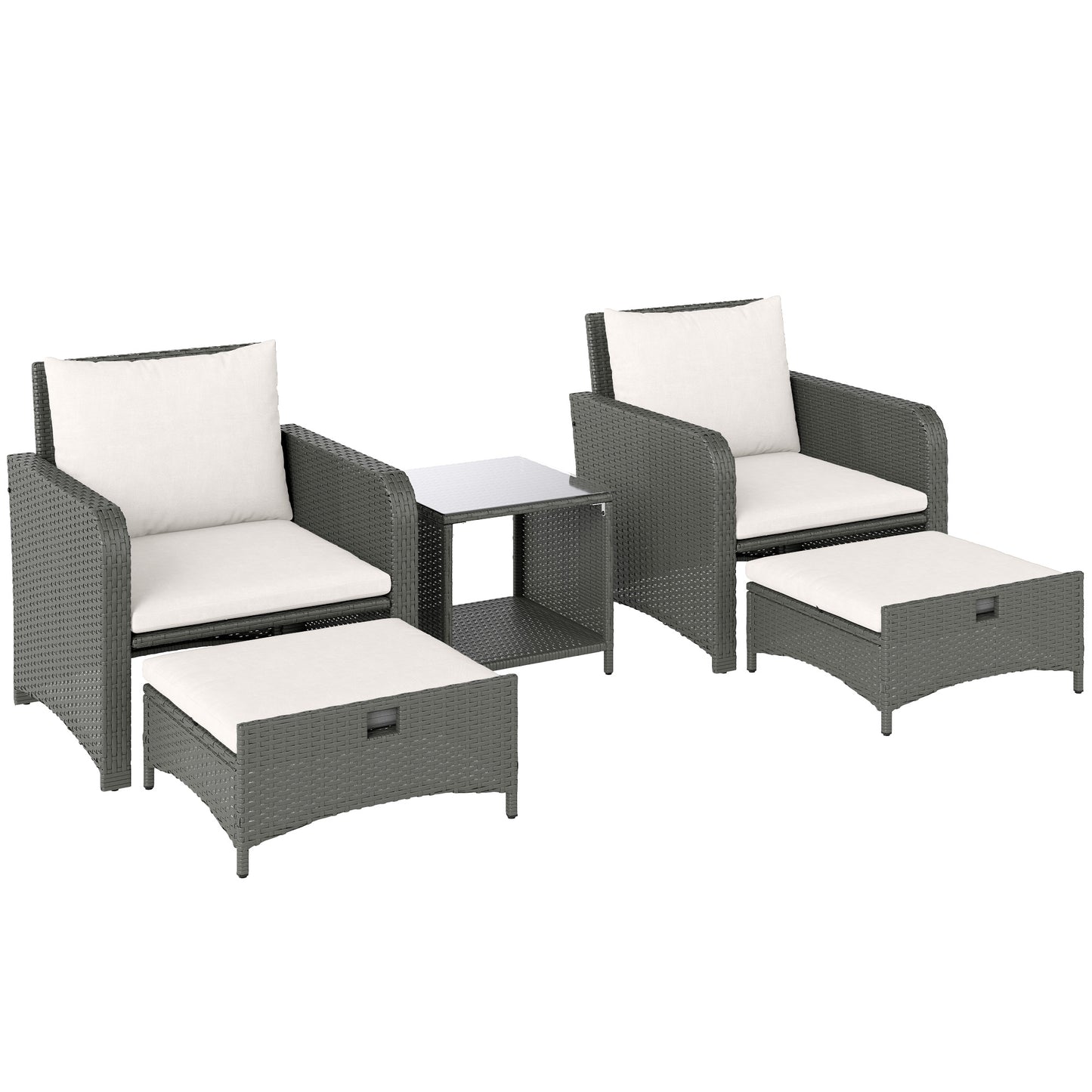 Zestaw mebli ogrodowych Outsunny Five Piece Rattan z 2-poziomowym stolikiem kawowym i pufami - kremowo-biały
